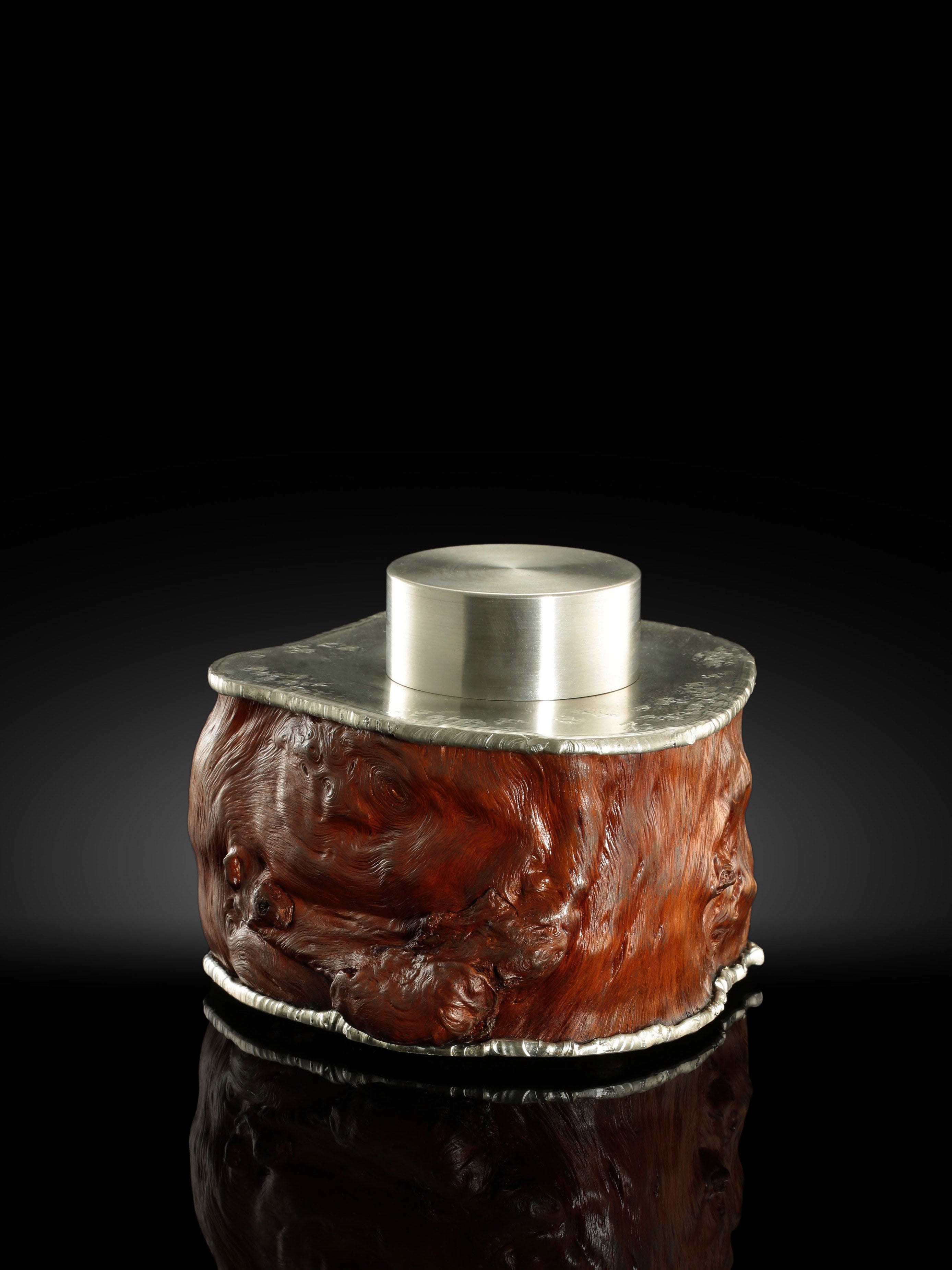 Bundled twisted tin carved burl wood tea canister