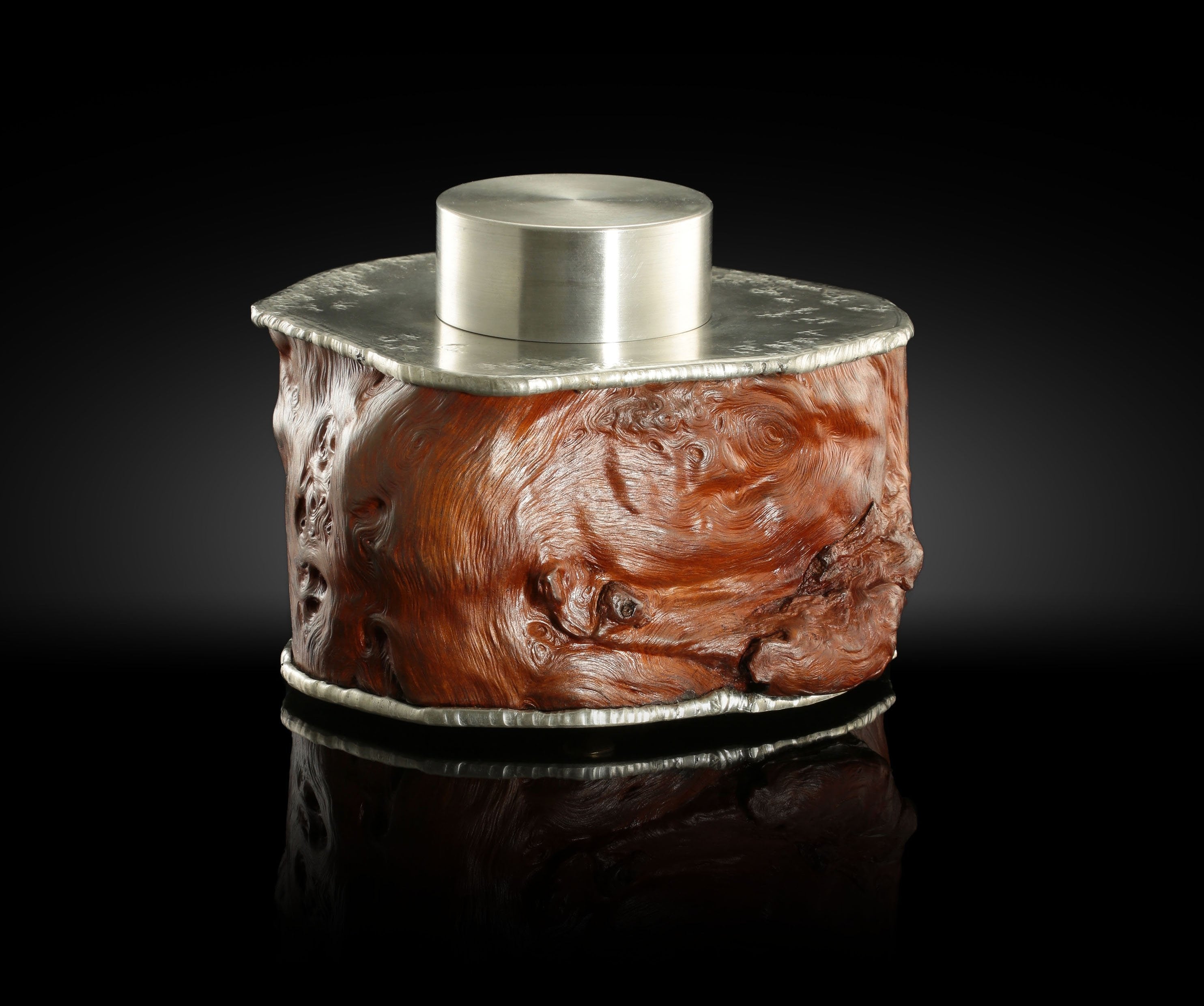 Bundled twisted tin carved burl wood tea canister