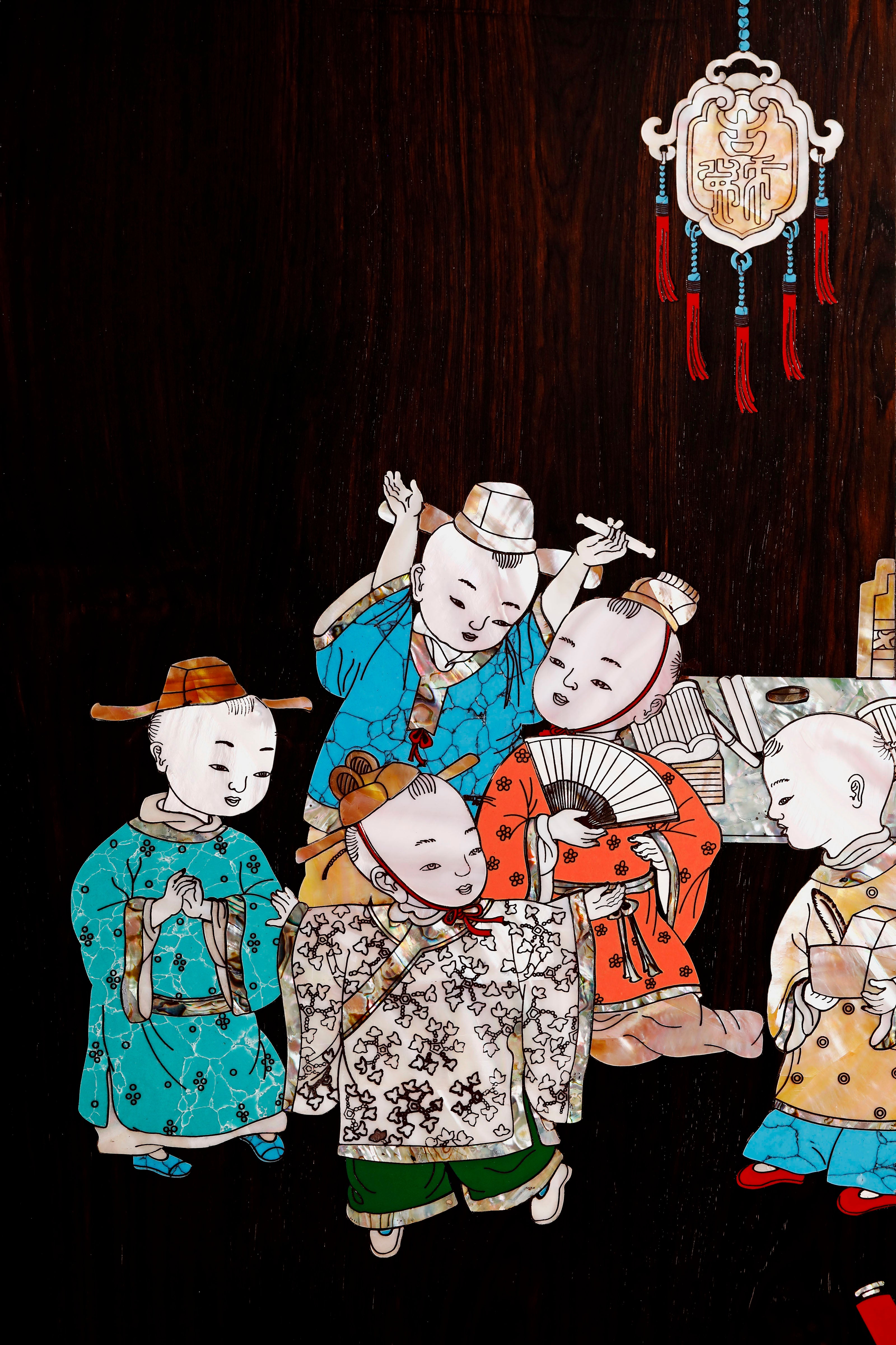 Purple sandalwood inlaid mother-of-pearl hanging screen depicting five sons passing the imperial examination