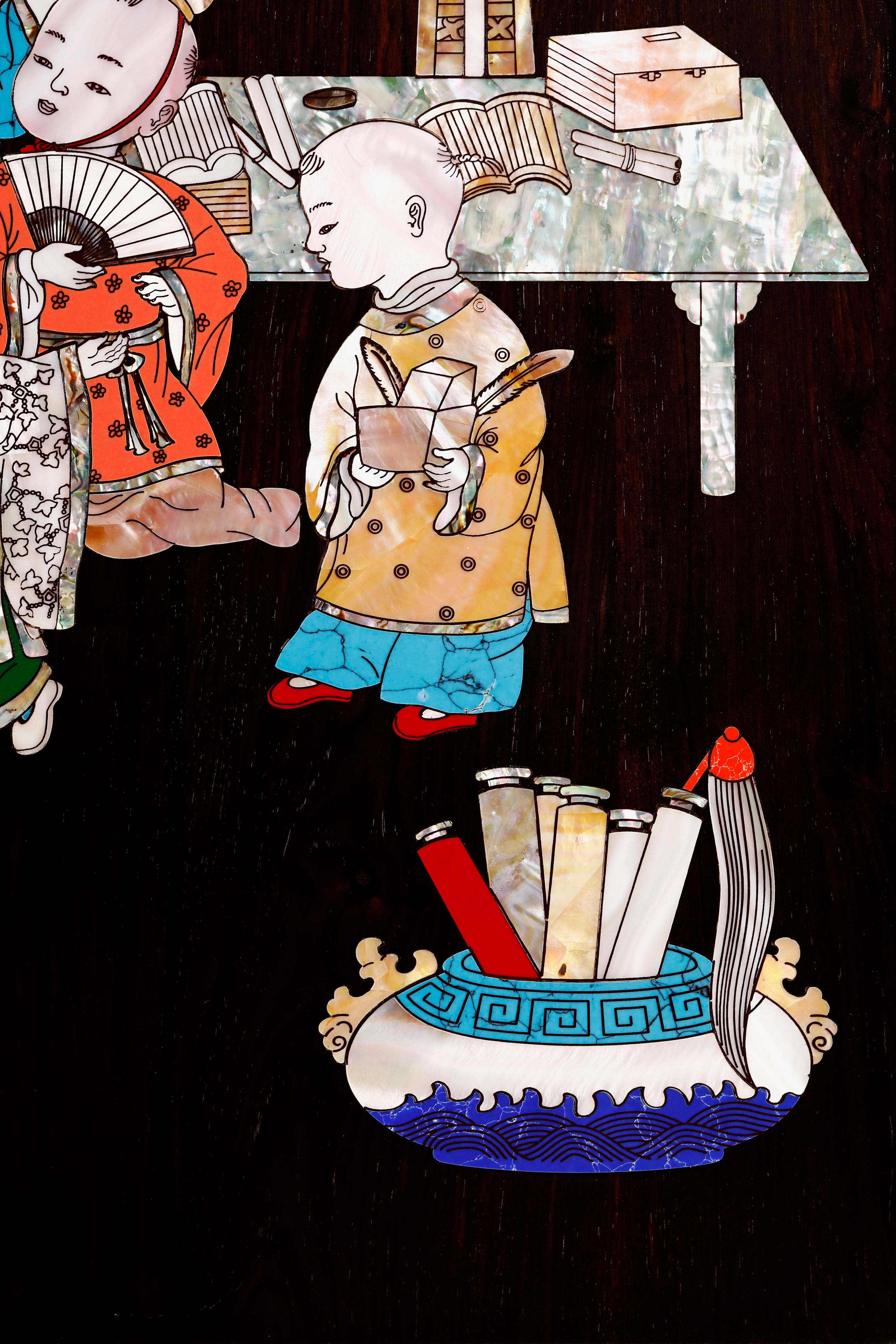 Purple sandalwood inlaid mother-of-pearl hanging screen depicting five sons passing the imperial examination