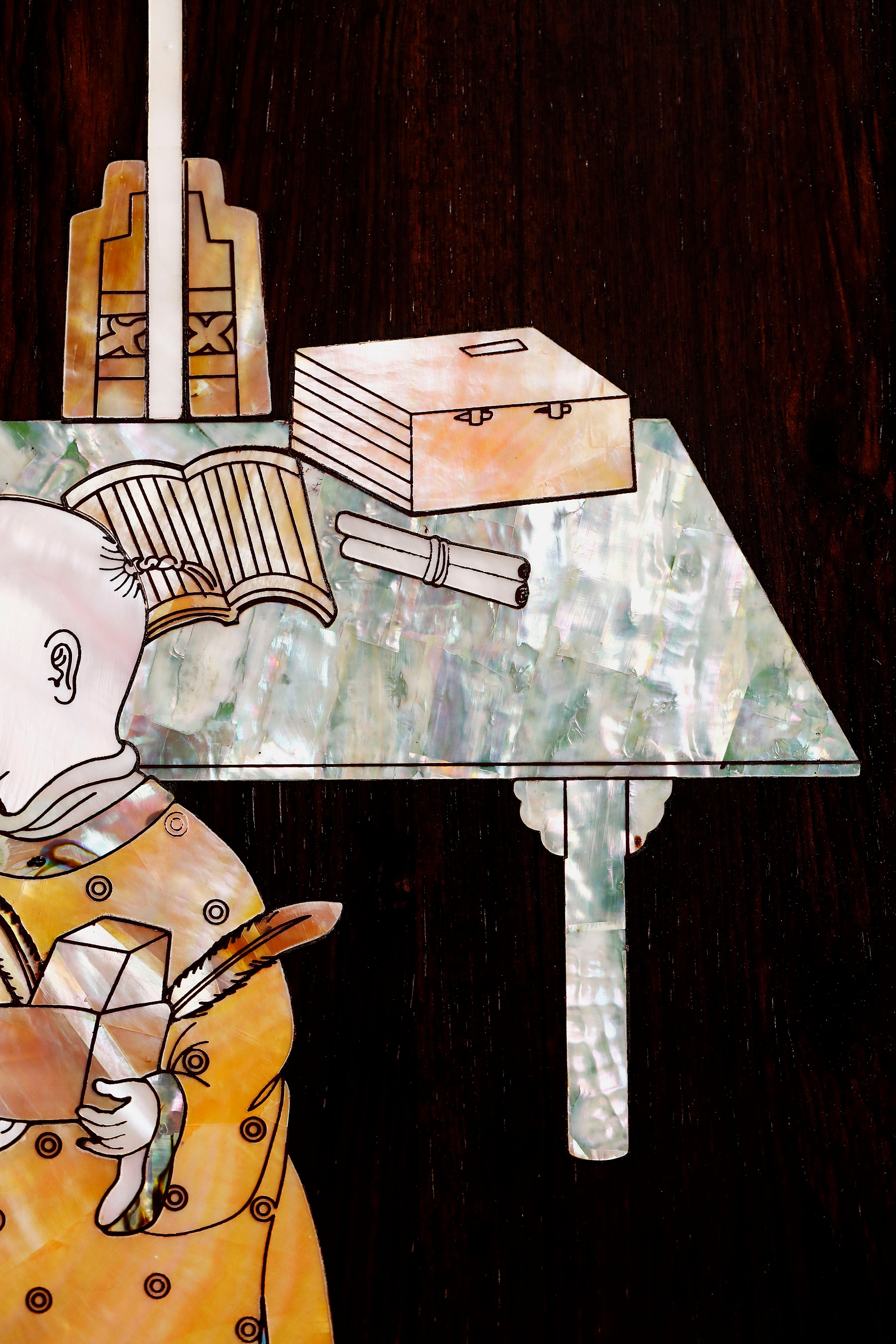 Purple sandalwood inlaid mother-of-pearl hanging screen depicting five sons passing the imperial examination