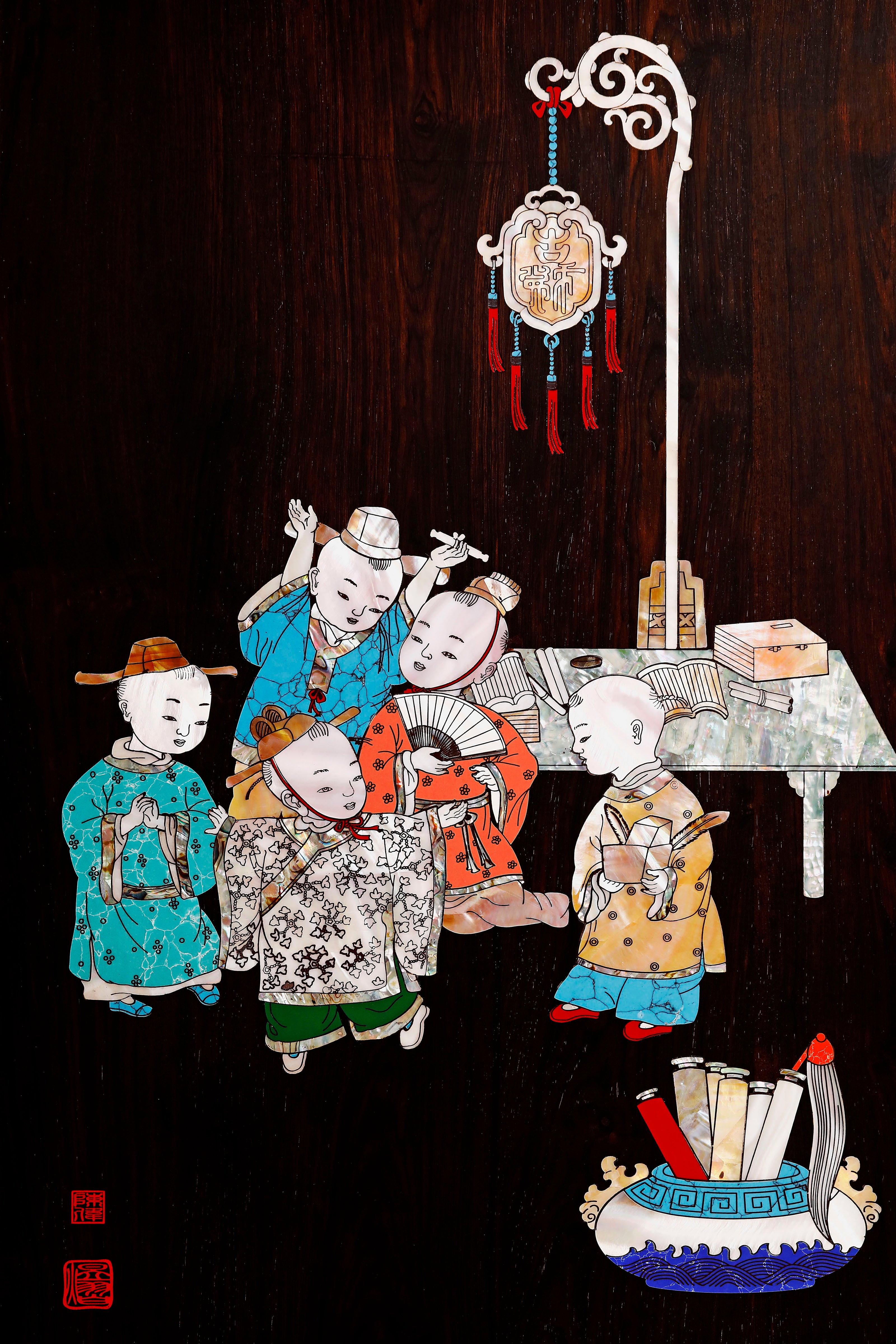 Purple sandalwood inlaid mother-of-pearl hanging screen depicting five sons passing the imperial examination