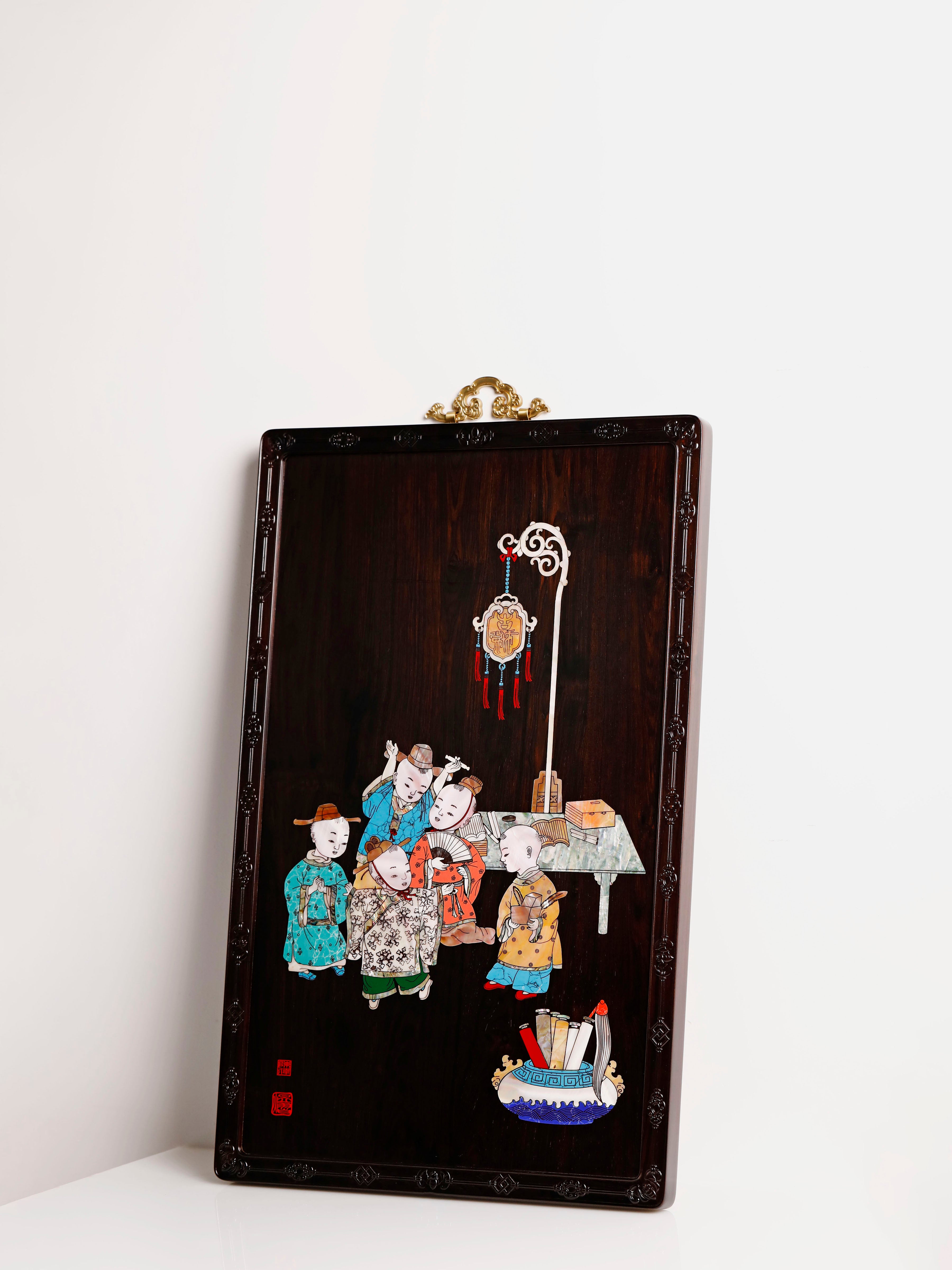 Purple sandalwood inlaid mother-of-pearl hanging screen depicting five sons passing the imperial examination