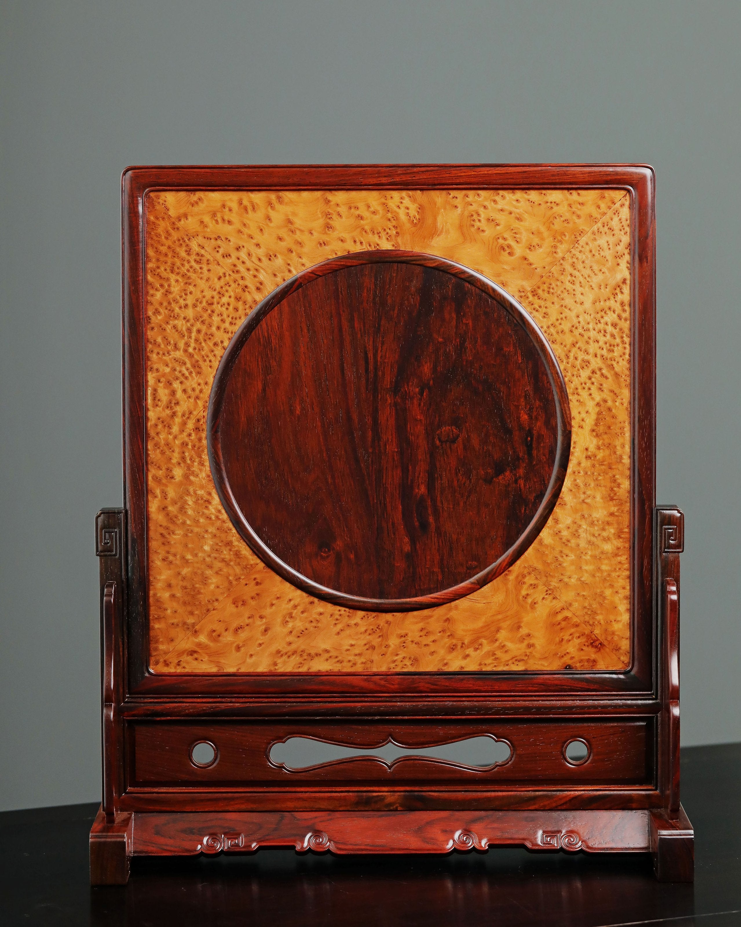 Rosewood screen inlaid with silver dragon design