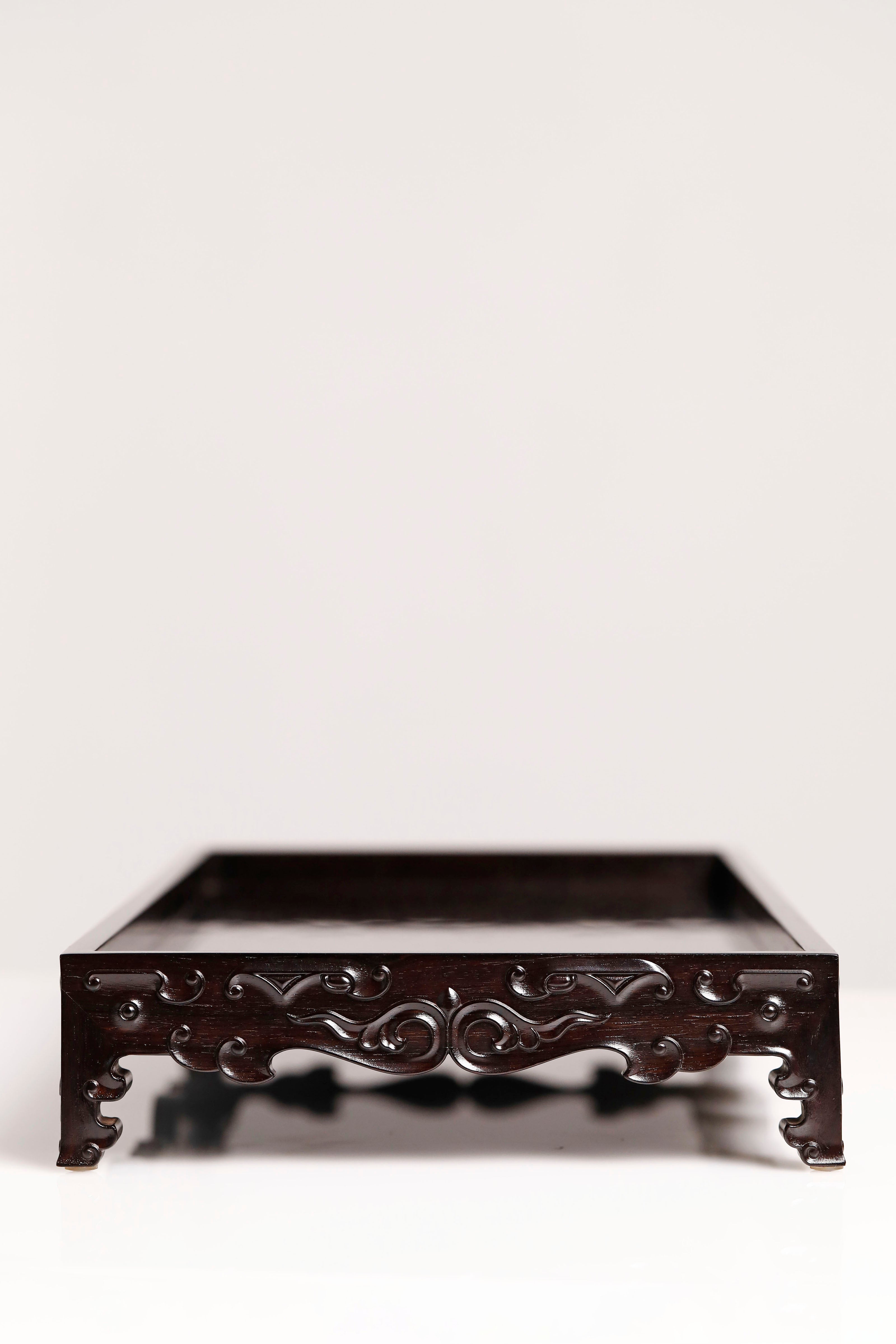 Purple sandalwood tray inlaid with silver plum blossom pattern