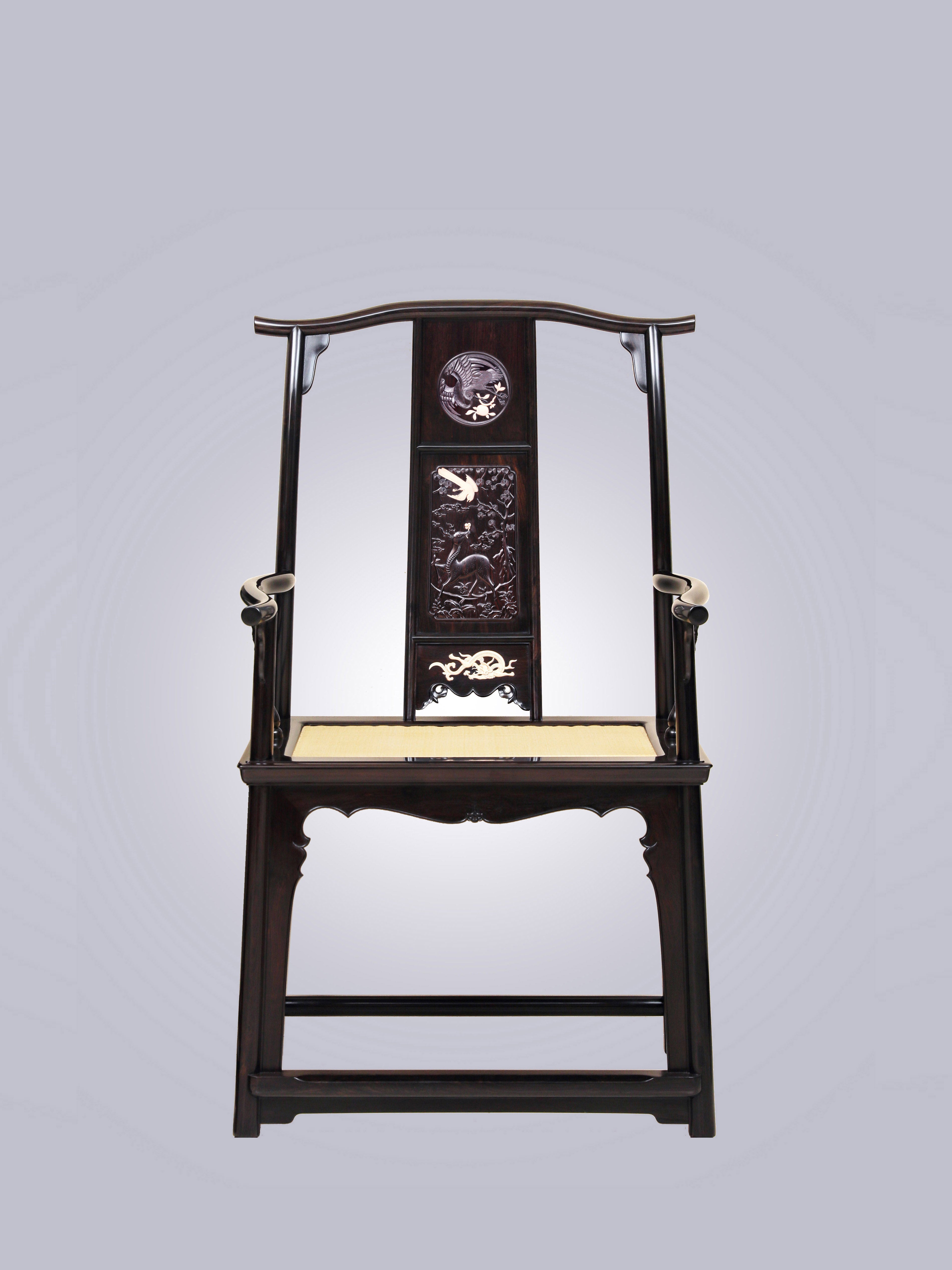 Purple sandalwood inlaid with seahorse ivory, crane and deer symbolizing spring, four-cornered official's hat chair