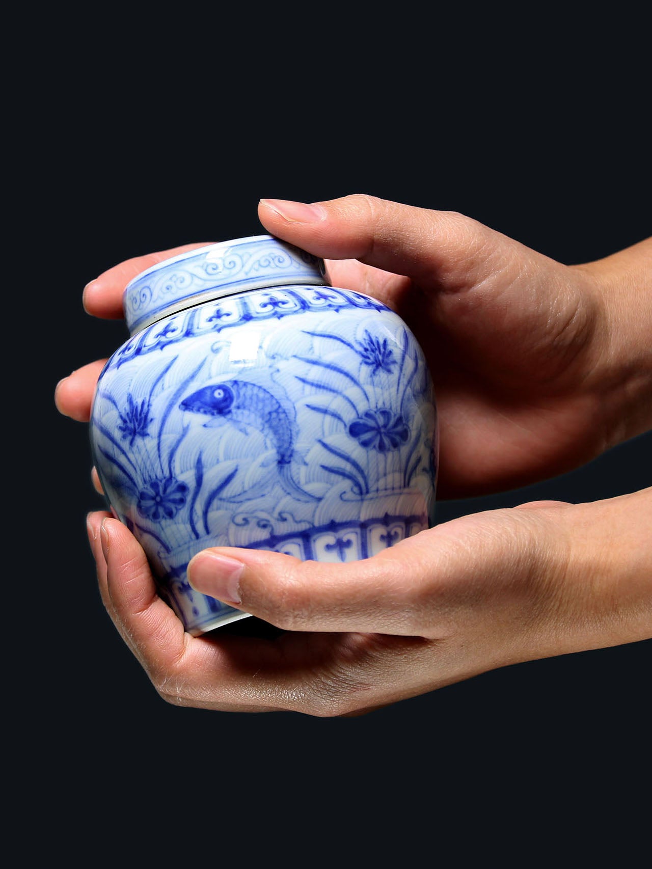 Blue and white algae pattern tea caddy