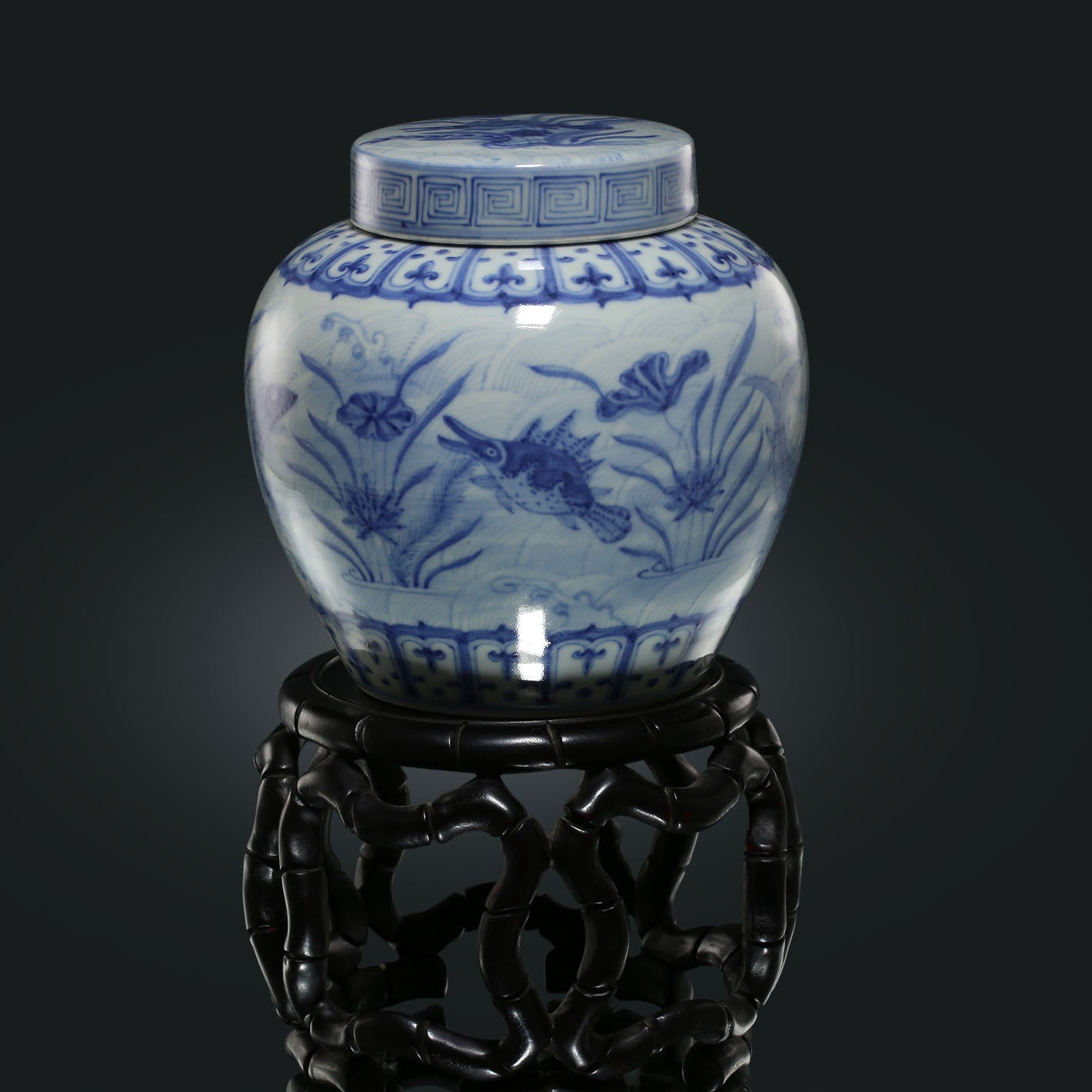 Blue and white algae pattern tea caddy