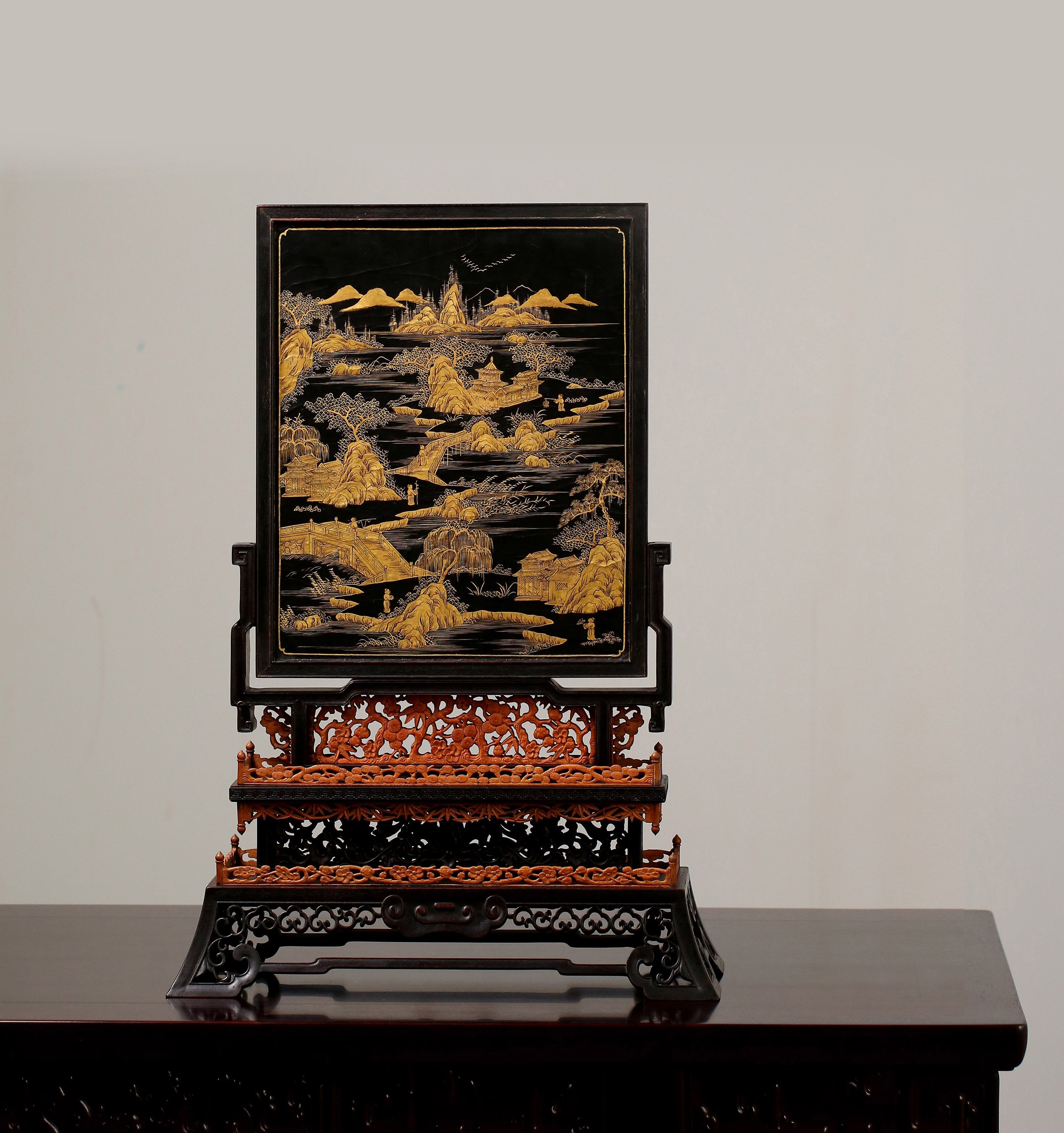 Lapis lazuli inlaid with antique motifs and gilded with imperial poems - screen