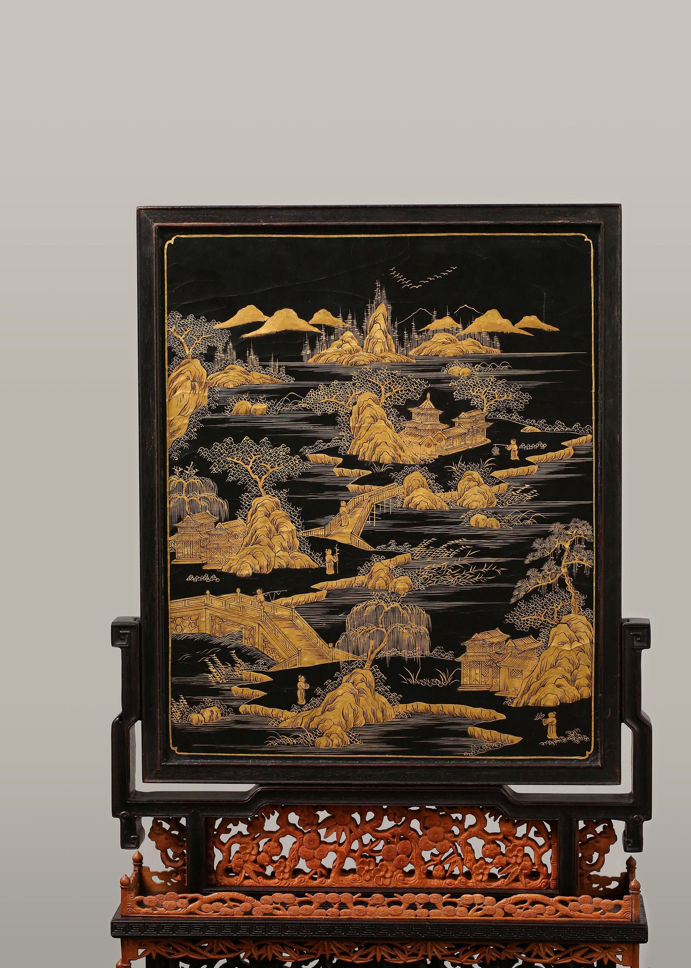 Lapis lazuli inlaid with antique motifs and gilded with imperial poems - screen