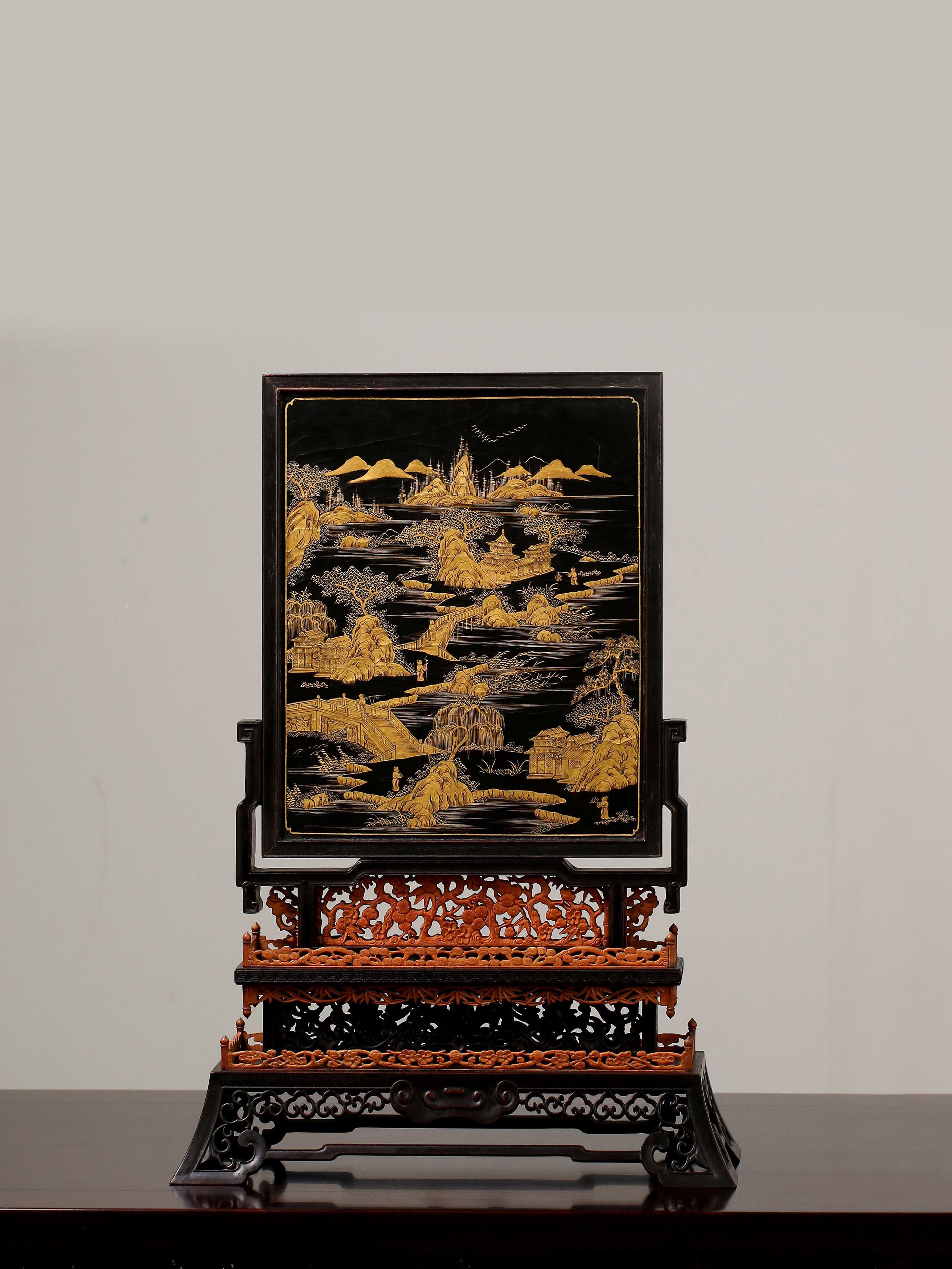 Lapis lazuli inlaid with antique motifs and gilded with imperial poems - screen