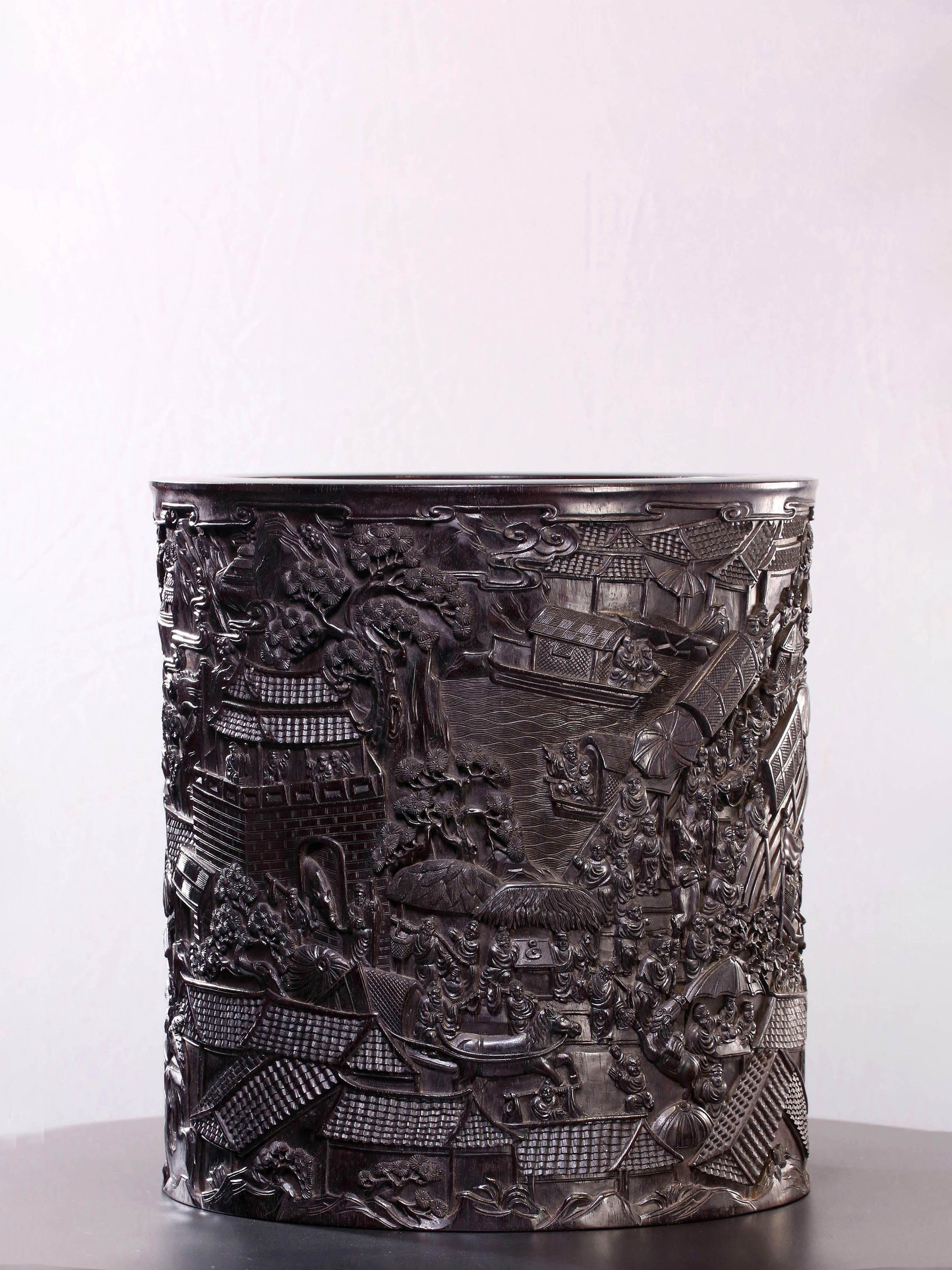 Indian rosewood brush holder depicting the Qingming Scroll