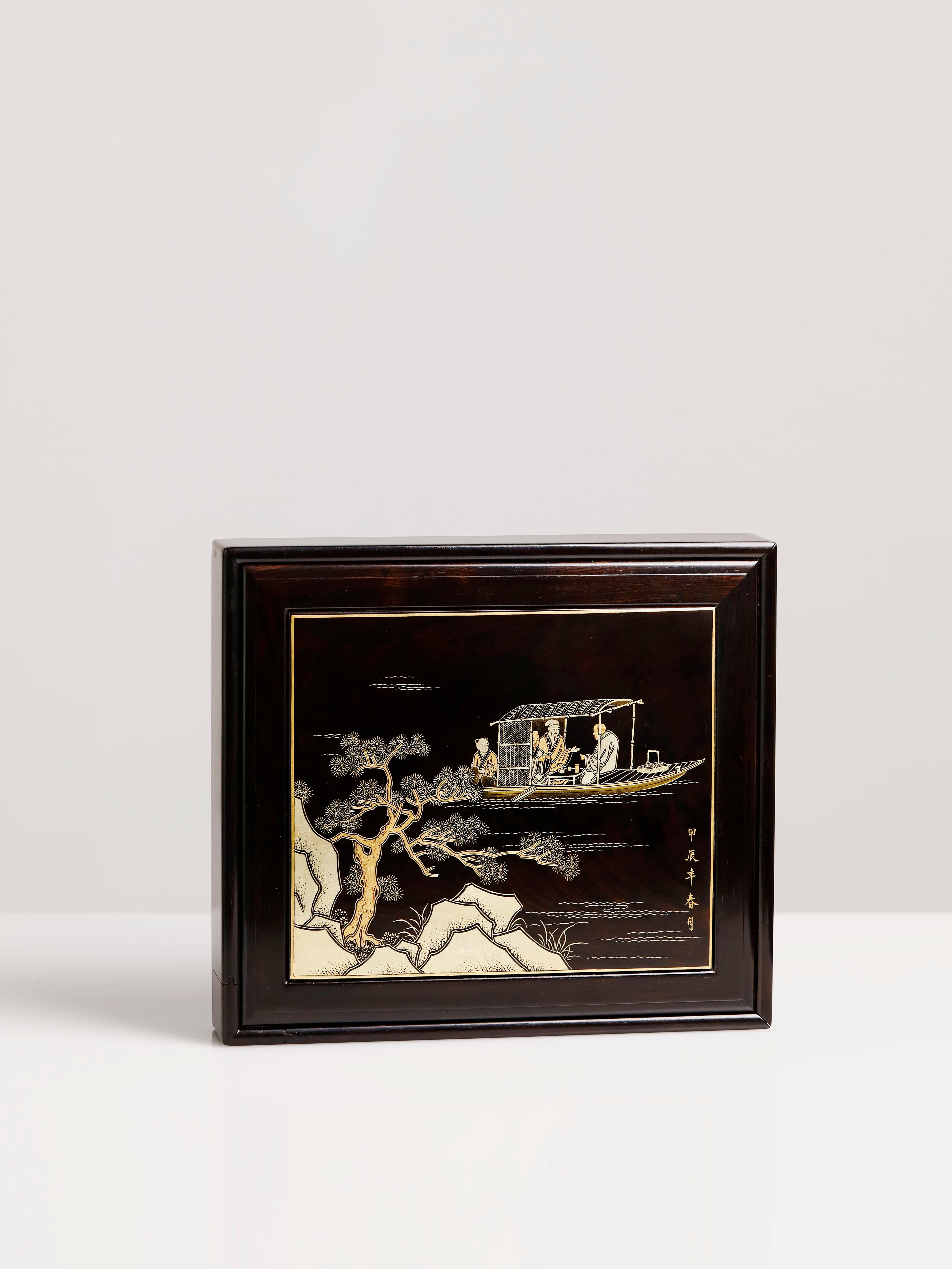 Purple sandalwood tea box with a design of cranes and deer symbolizing spring / Qingshantan tea drinking scene, gilded pull-out design