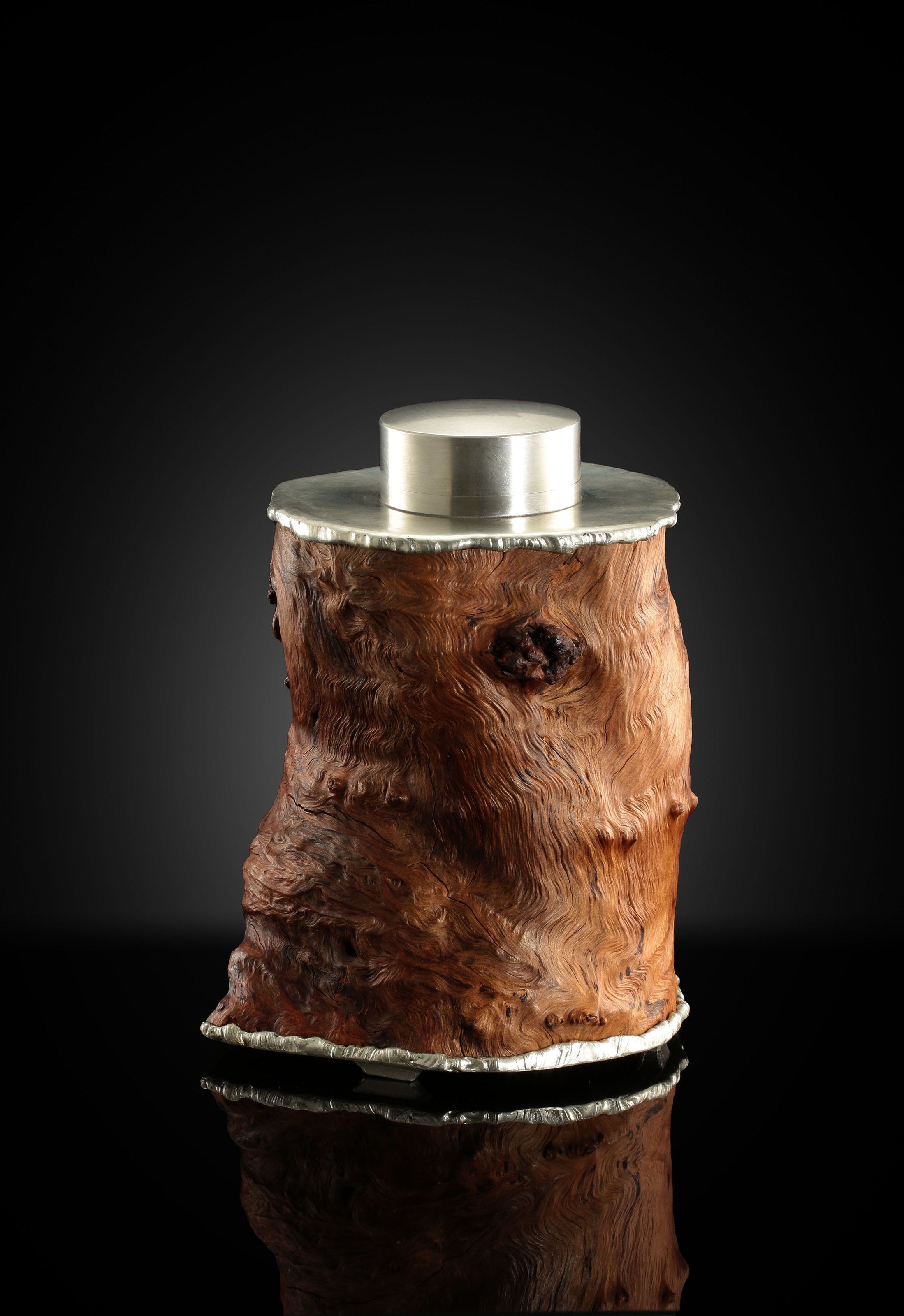 Strong and powerful tin-carved burl wood tea caddy