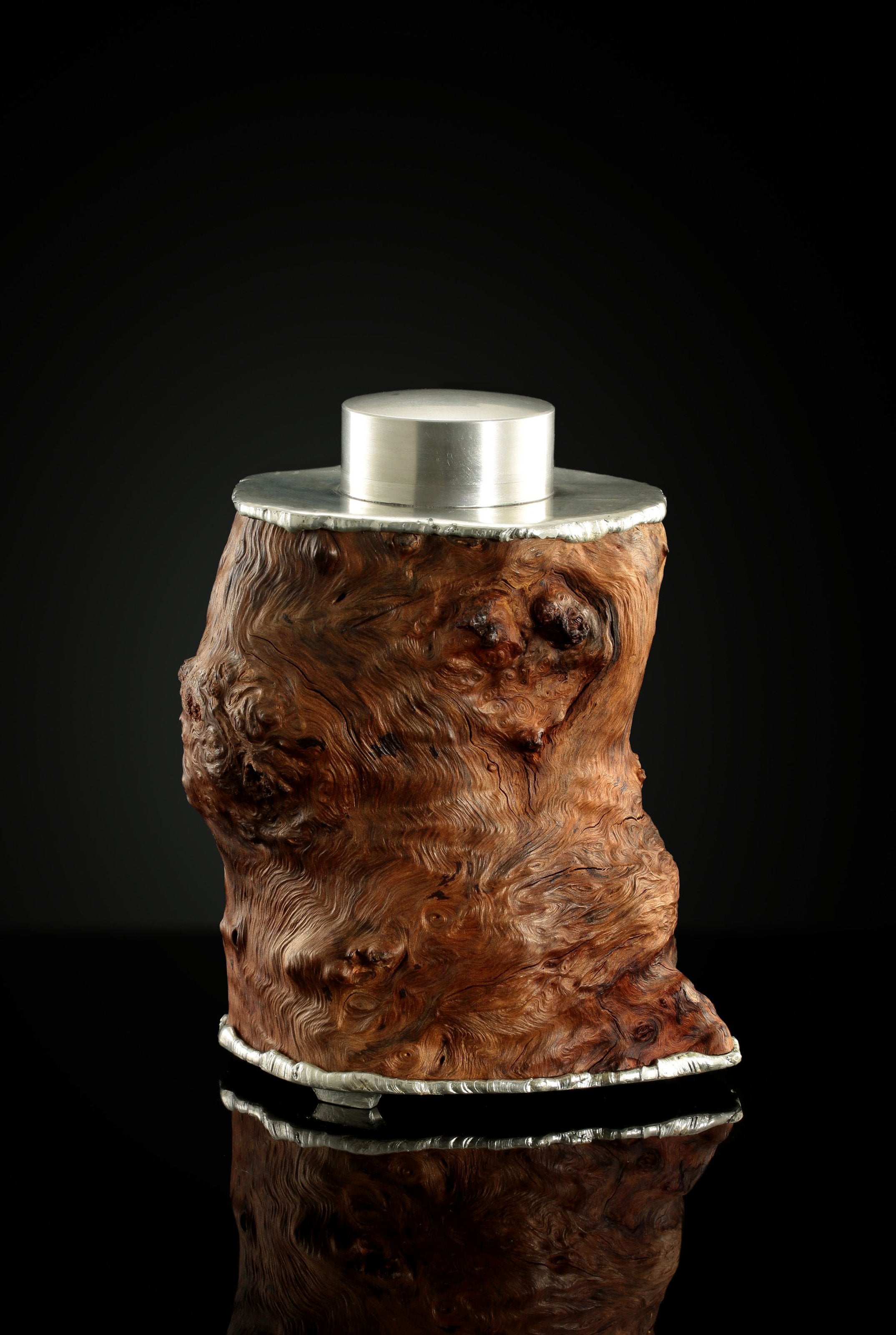 Strong and powerful tin-carved burl wood tea caddy