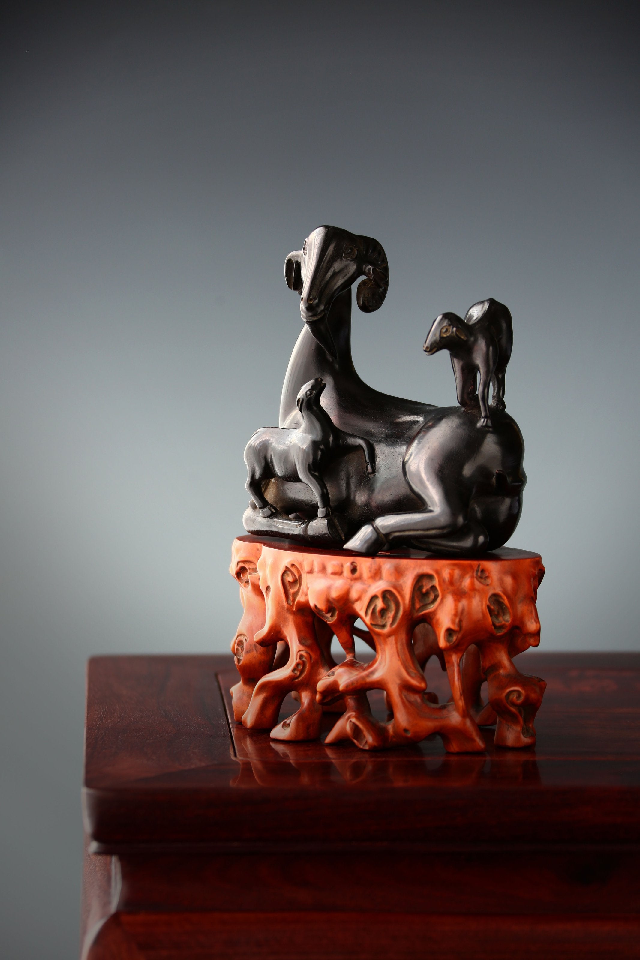 Three Yangs Bring Prosperity Boxwood Carving