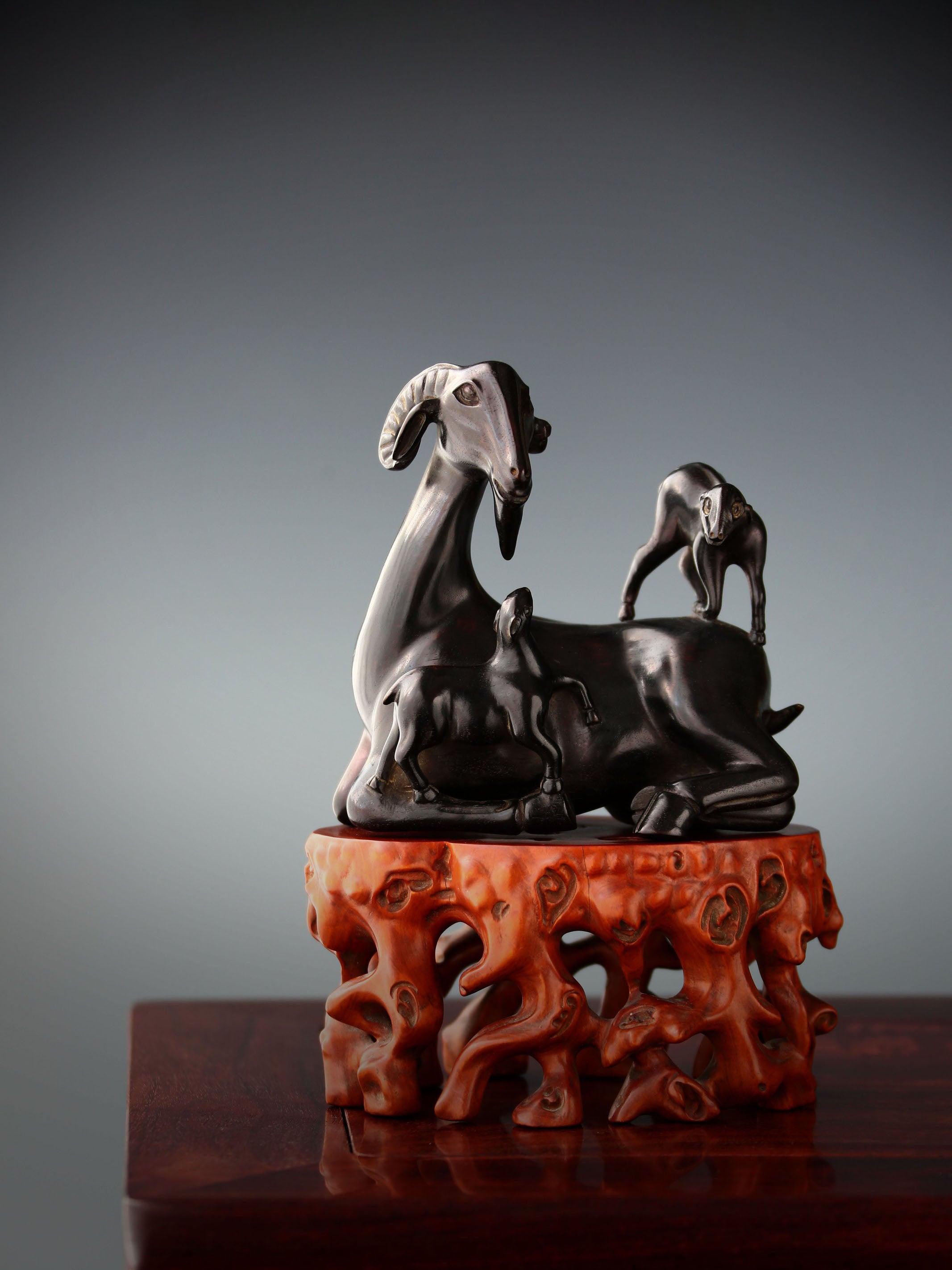 Three Yangs Bring Prosperity Boxwood Carving