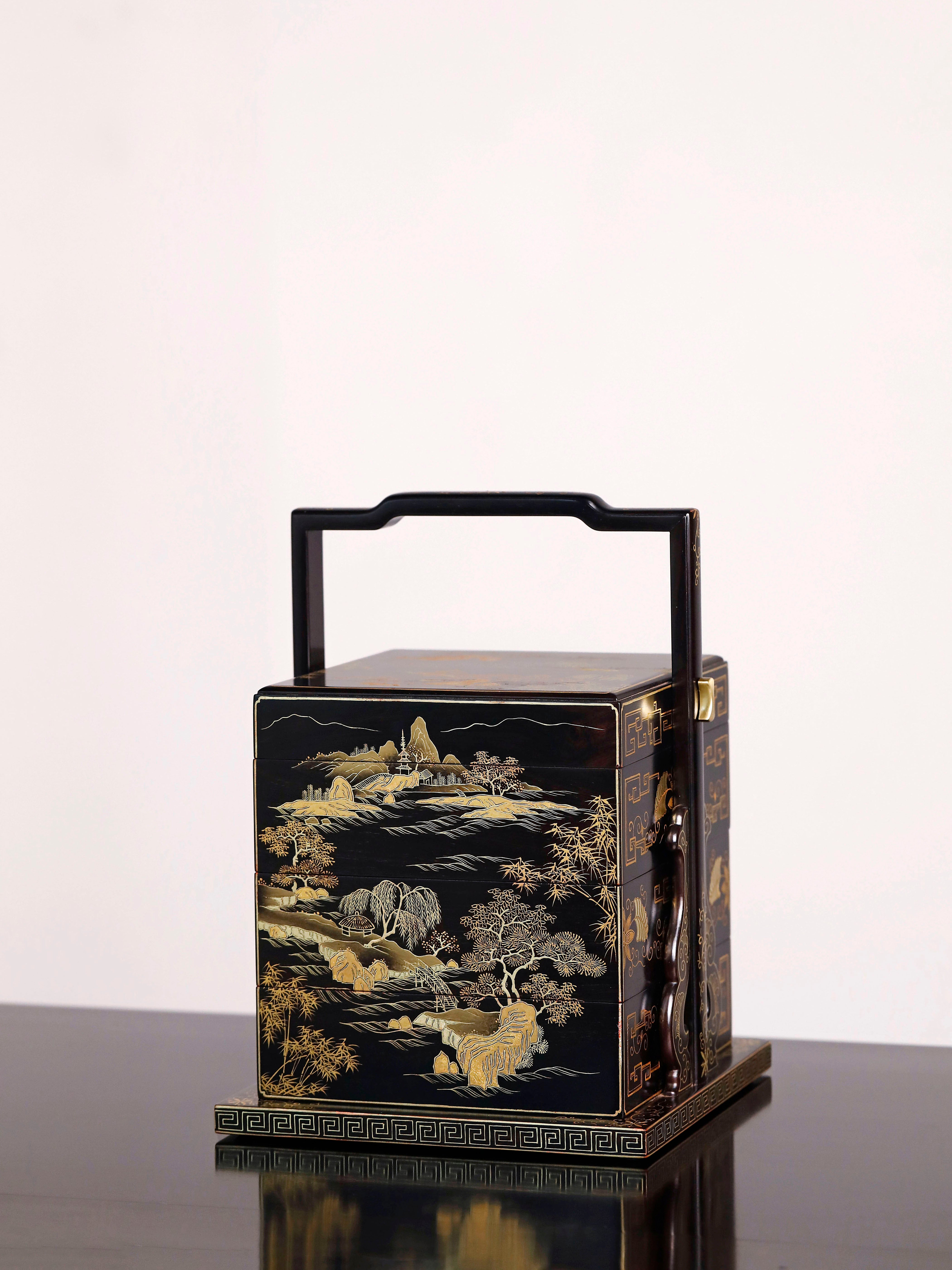 Purple sandalwood square box with gold-painted landscape design