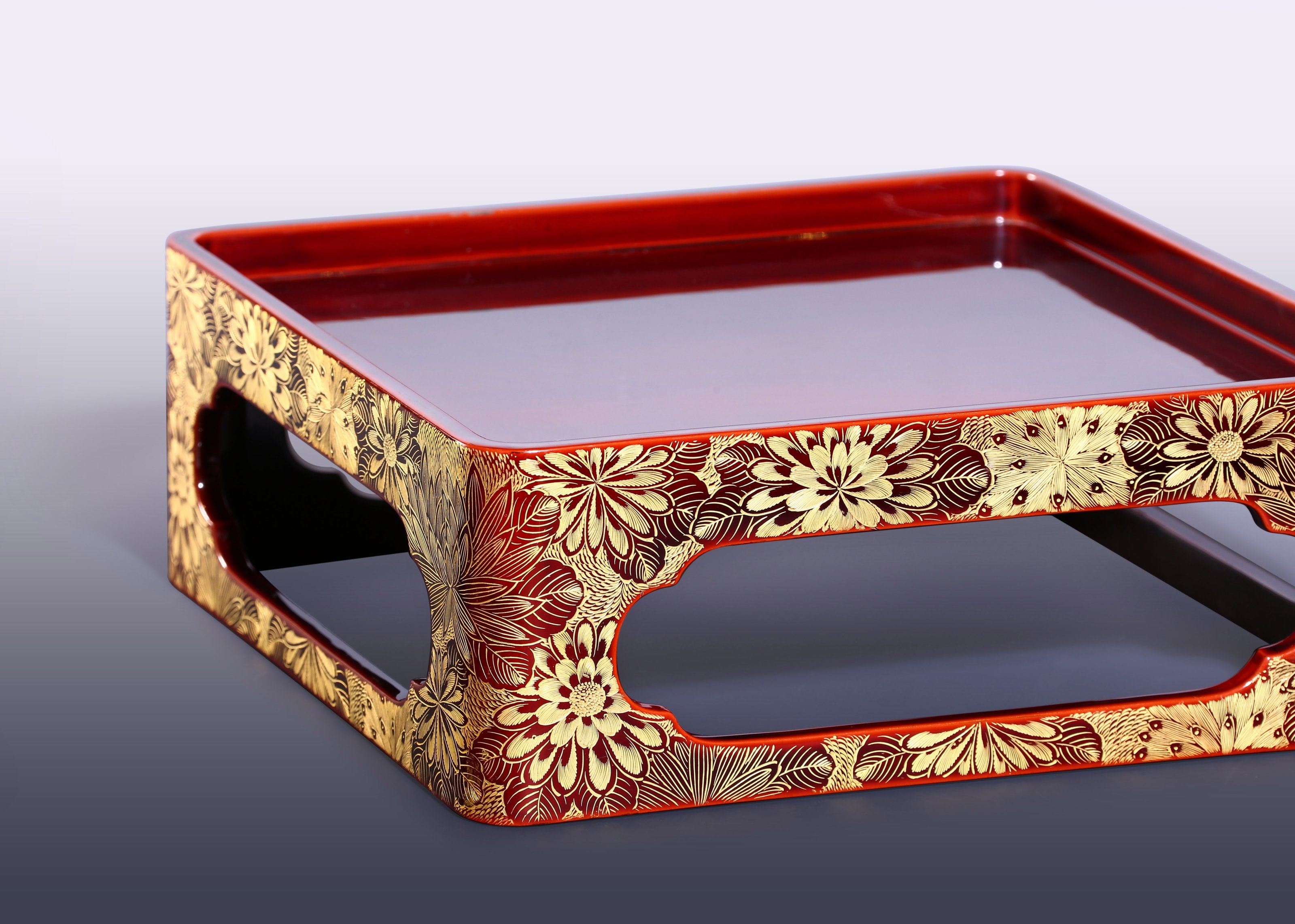 Japanese Meiji period tea box with pine, bamboo, and plum design, tea stall with chrysanthemum pattern.