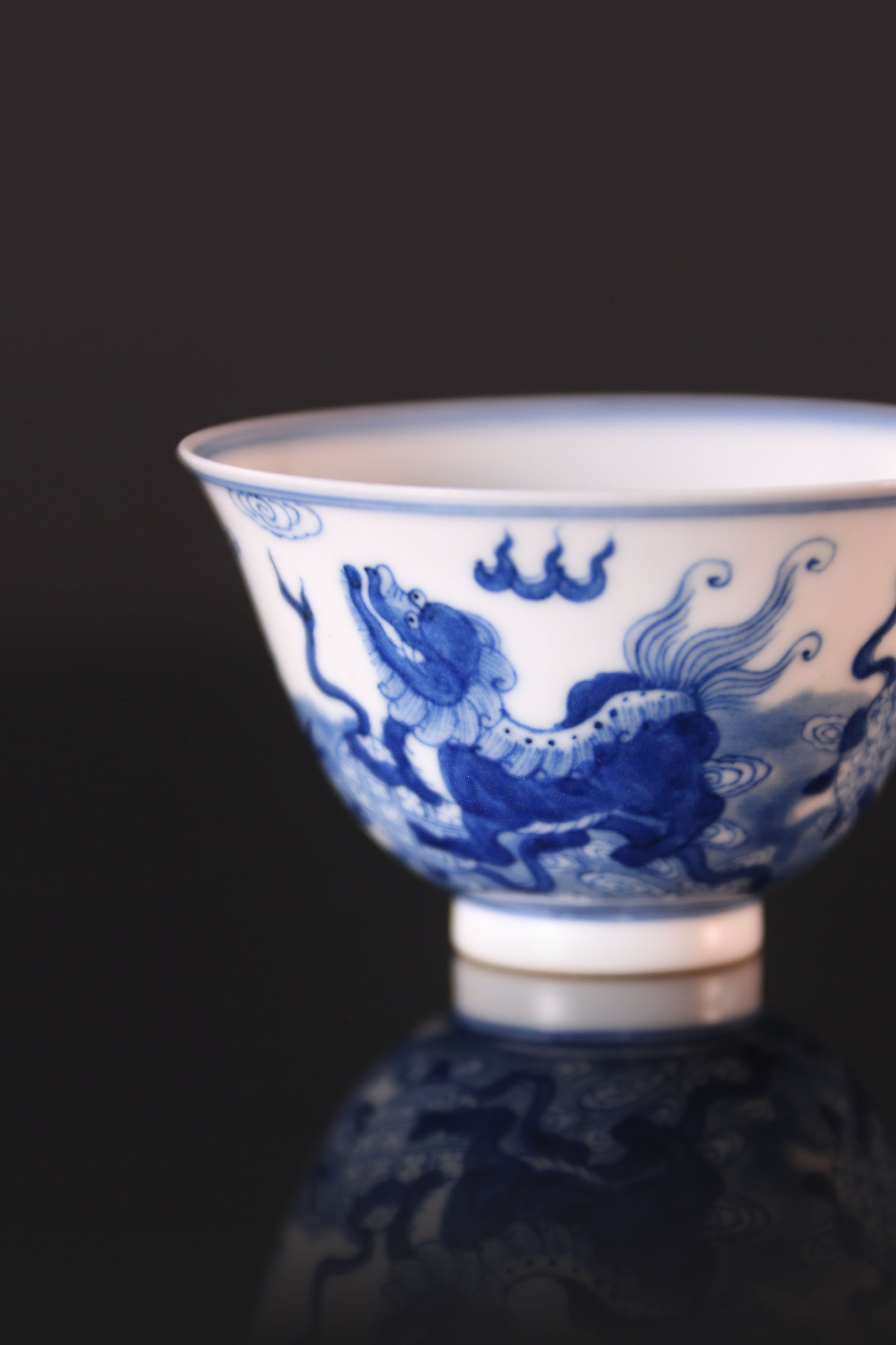 Lion Dance and Ball Bell Cup / Double Lion Embroidered Ball Blue and White Cup