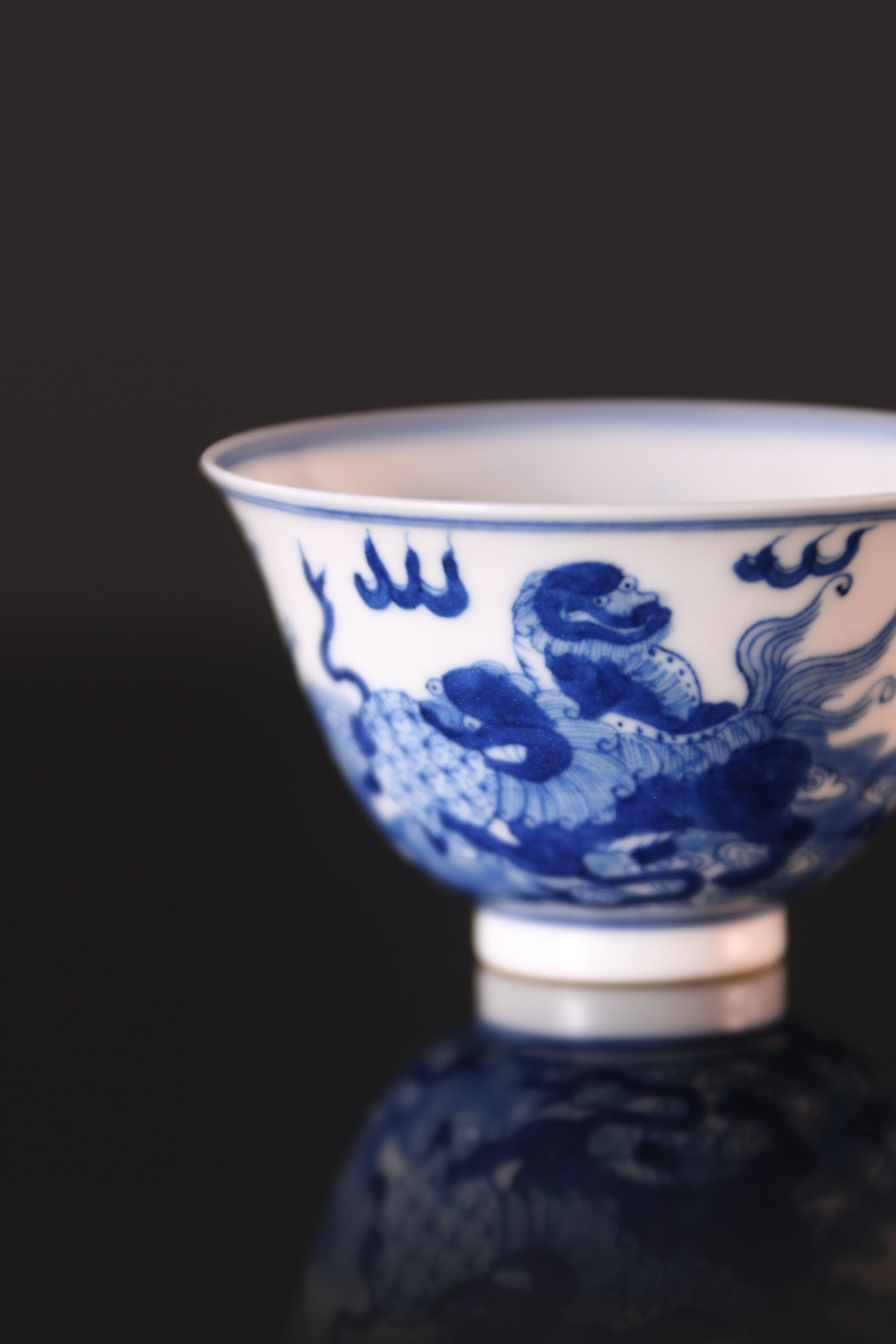 Lion Dance and Ball Bell Cup / Double Lion Embroidered Ball Blue and White Cup