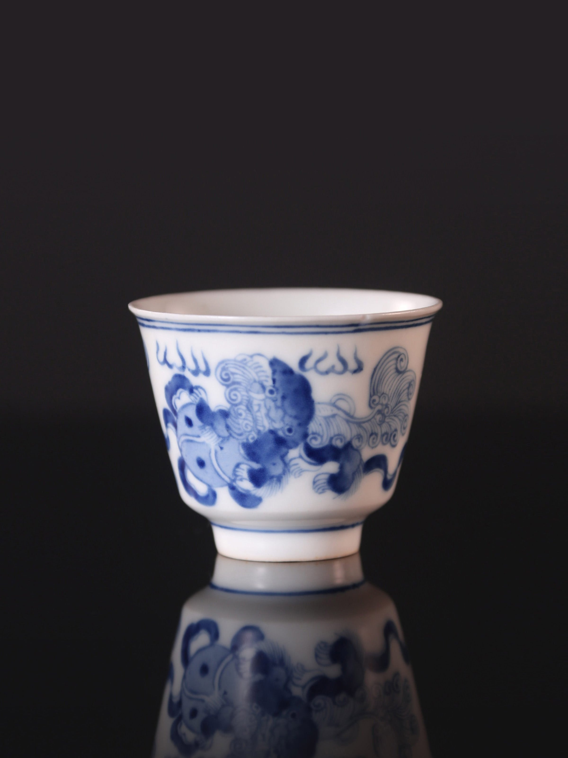 Lion Dance and Ball Bell Cup / Double Lion Embroidered Ball Blue and White Cup