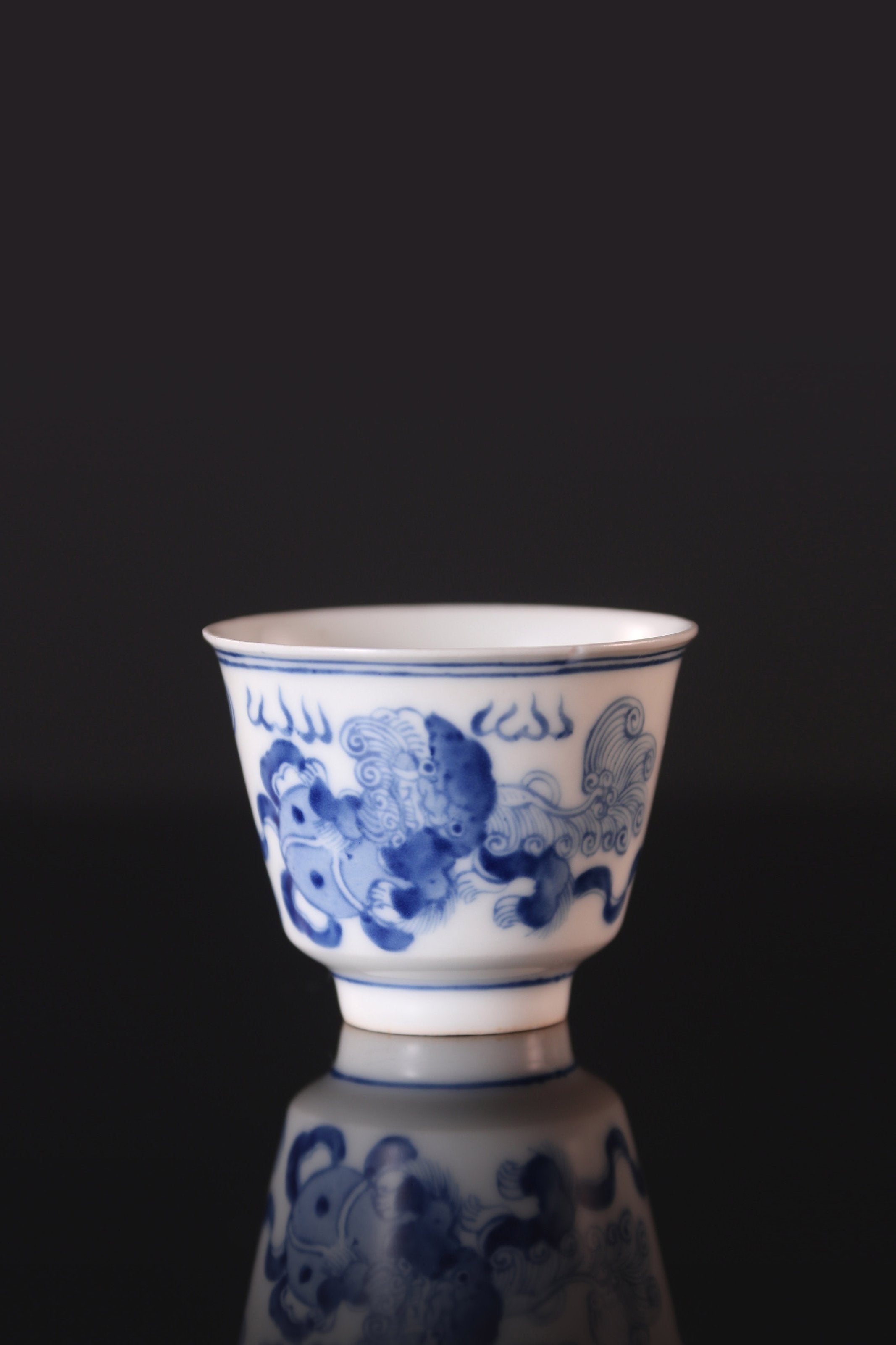 Lion Dance and Ball Bell Cup / Double Lion Embroidered Ball Blue and White Cup