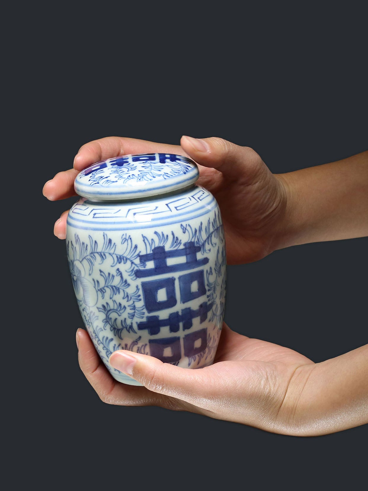 Blue and white porcelain tea canister with auspicious floral patterns