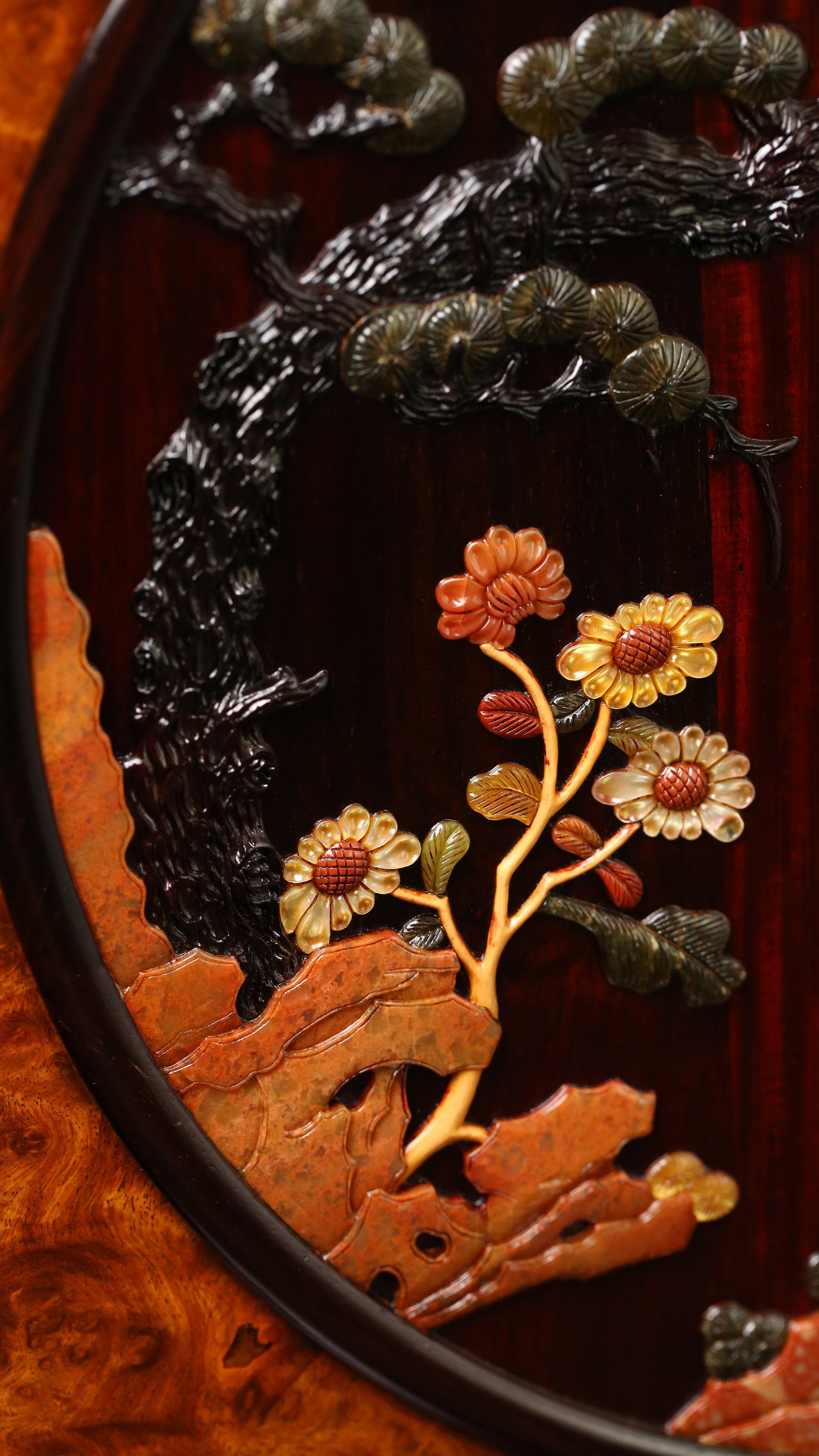 Rosewood Burl Screen Inlaid with Pine and Crane Designs for Longevity