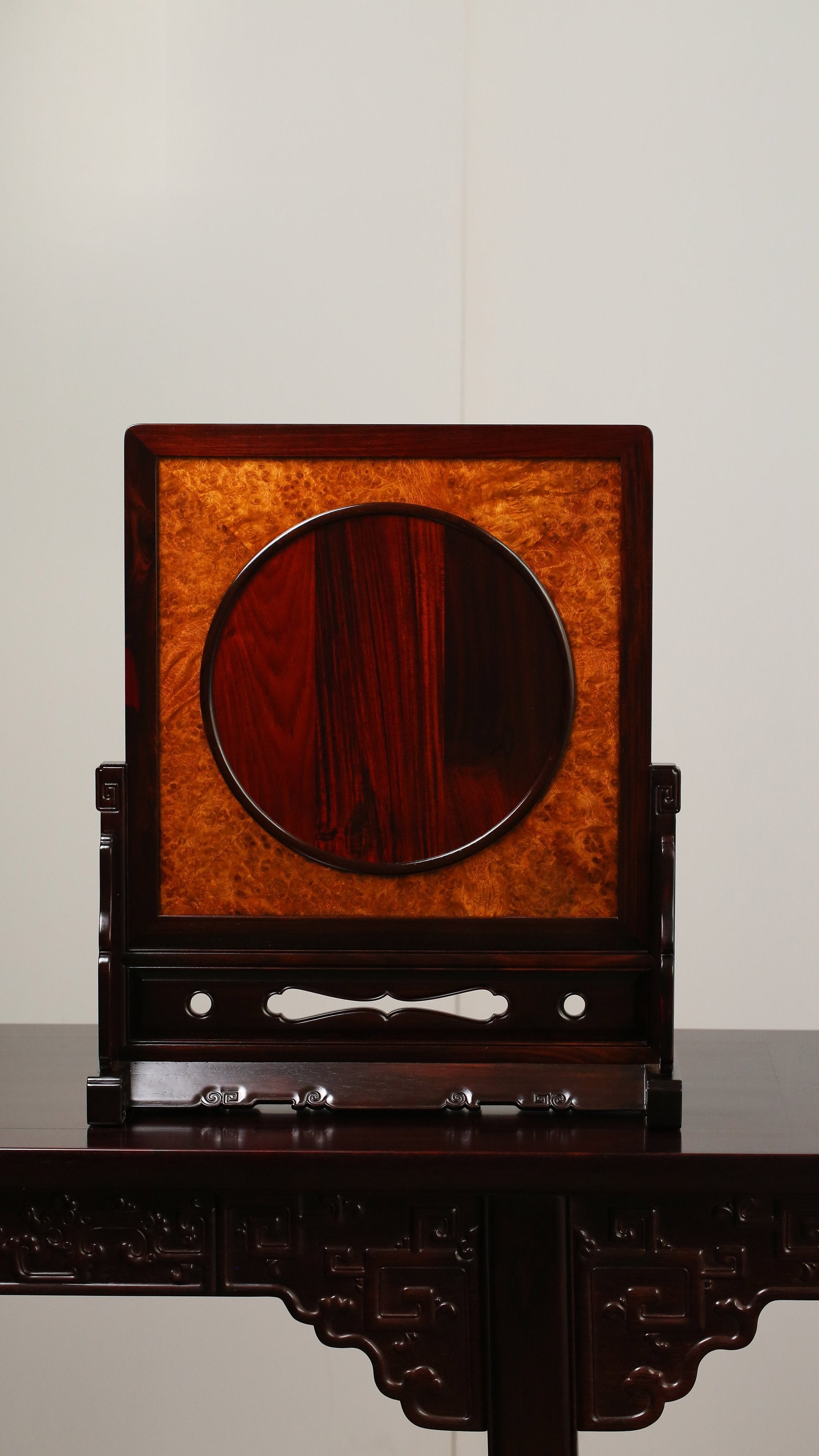 Rosewood Burl Screen Inlaid with Pine and Crane Designs for Longevity