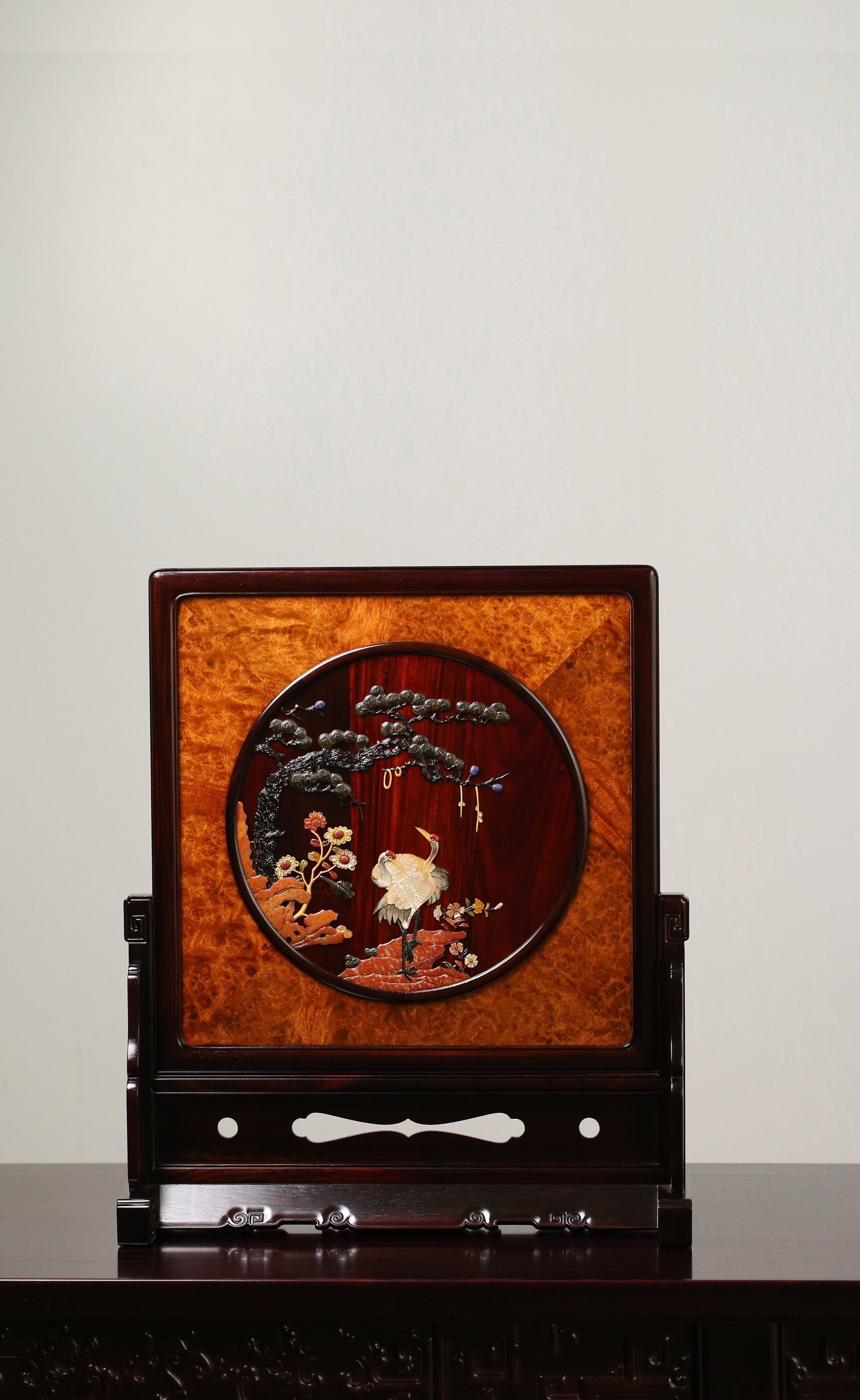 Rosewood Burl Screen Inlaid with Pine and Crane Designs for Longevity