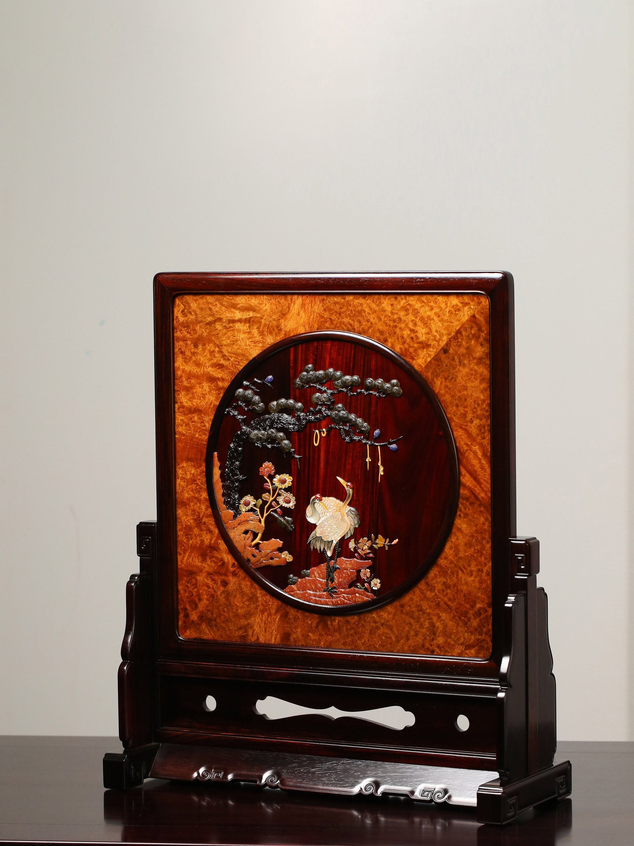 Rosewood Burl Screen Inlaid with Pine and Crane Designs for Longevity