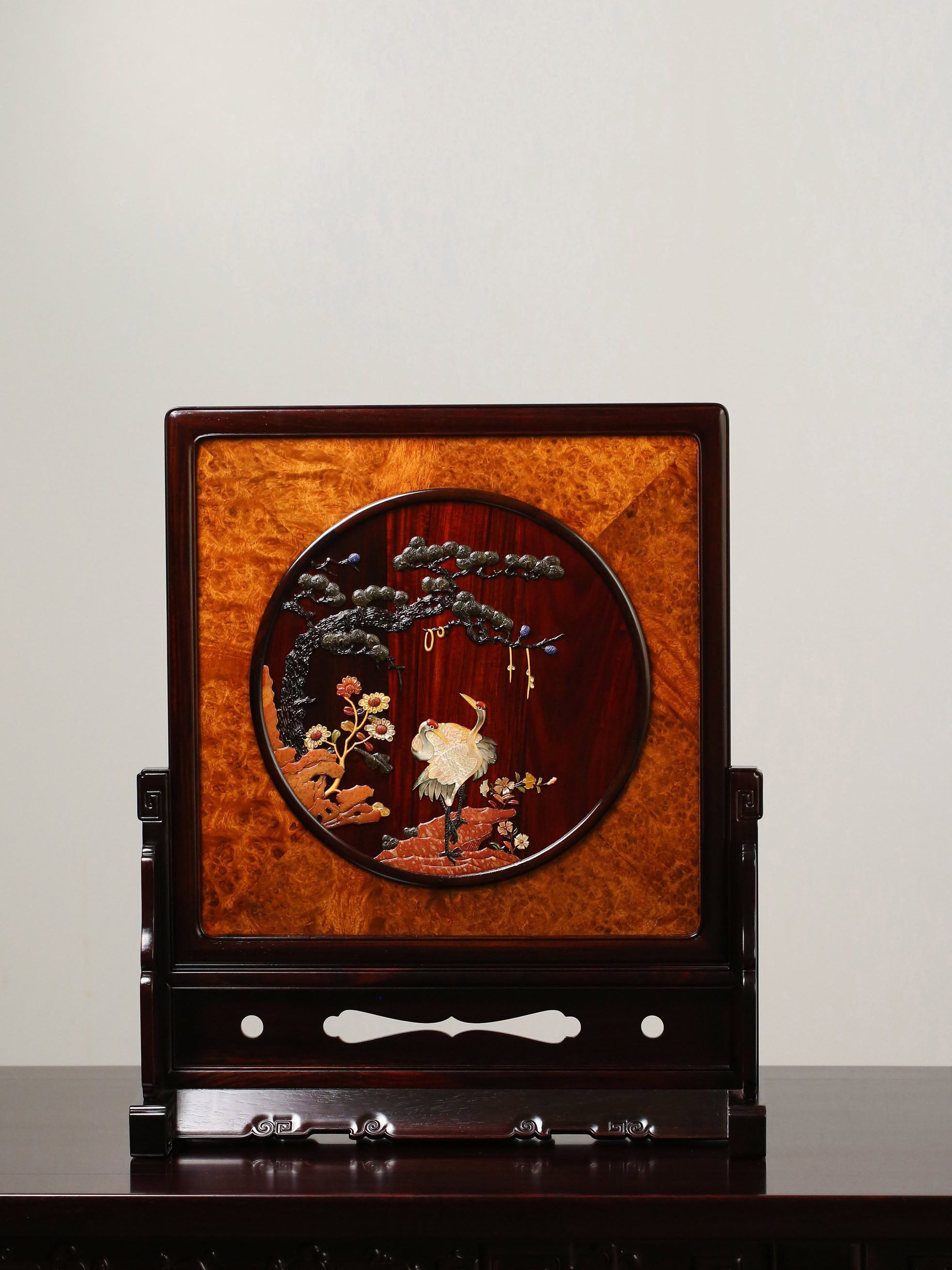 Rosewood Burl Screen Inlaid with Pine and Crane Designs for Longevity