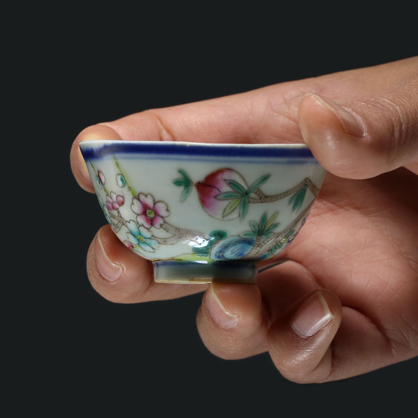 Double Flying Together / Blessed with Longevity and Happiness / Peach Blossoms in Full Bloom Doucai Cup