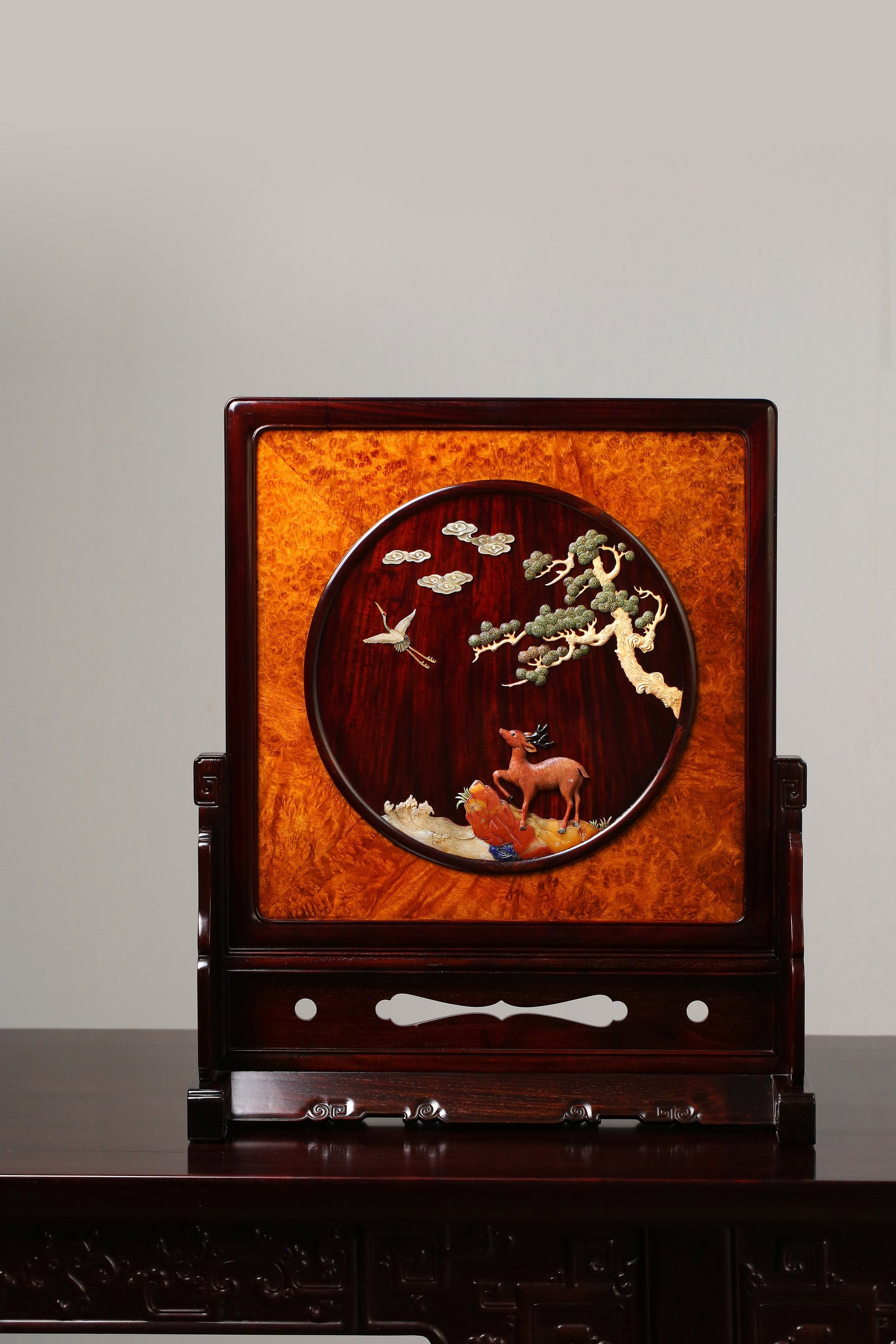 Rosewood Inlaid with Deer and Crane in Springtime Burl Wood Screen