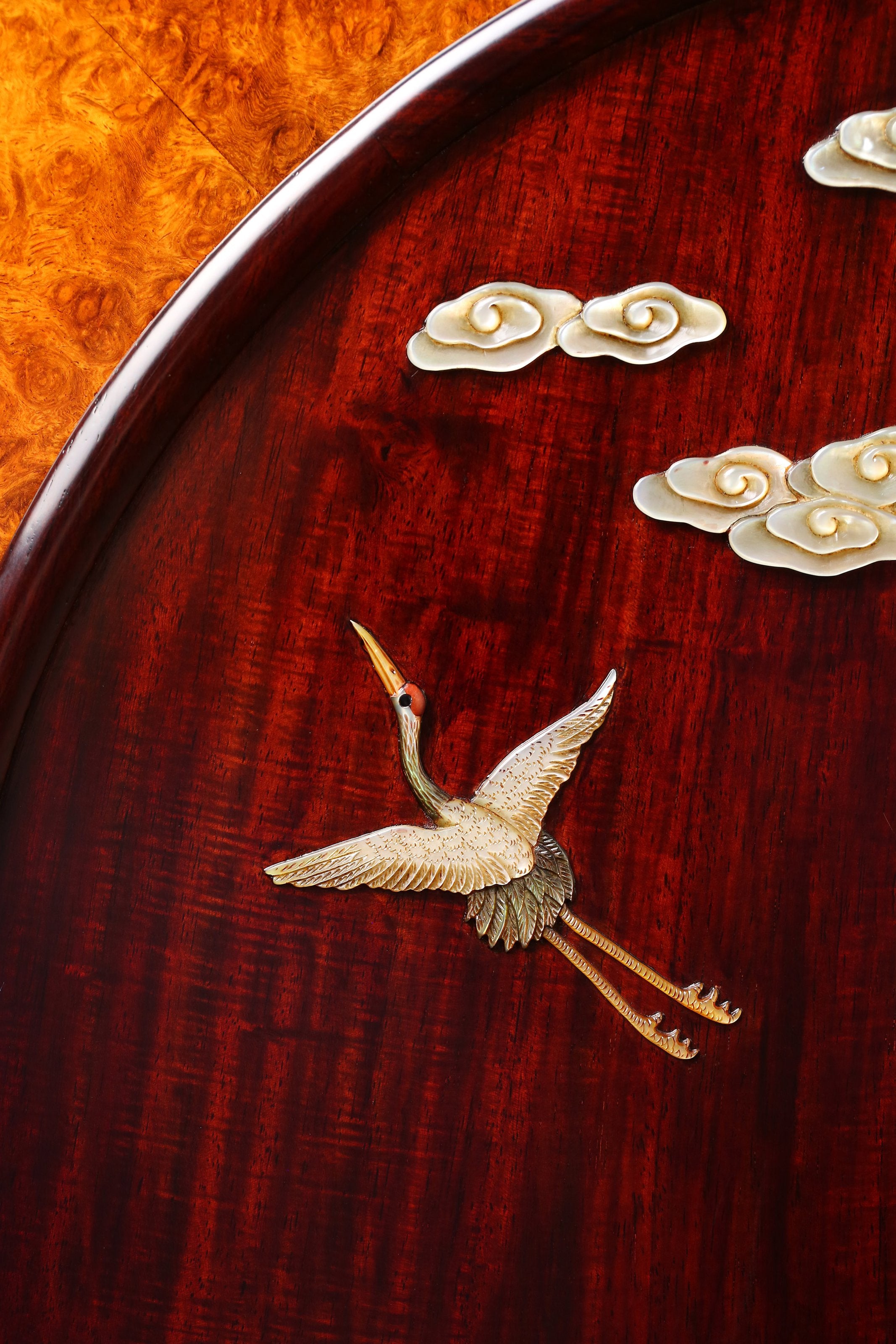 Rosewood Inlaid with Deer and Crane in Springtime Burl Wood Screen