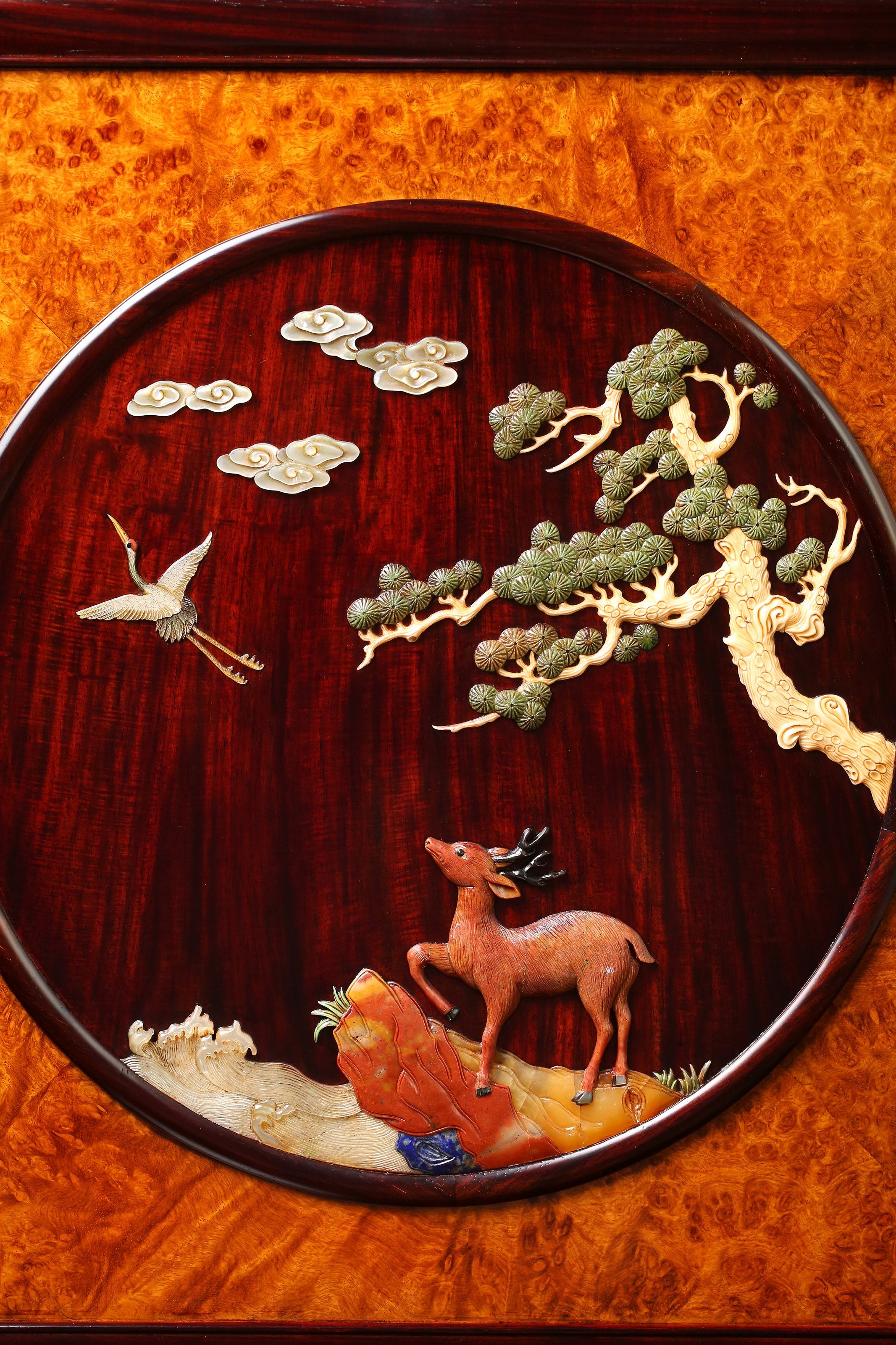 Rosewood Inlaid with Deer and Crane in Springtime Burl Wood Screen
