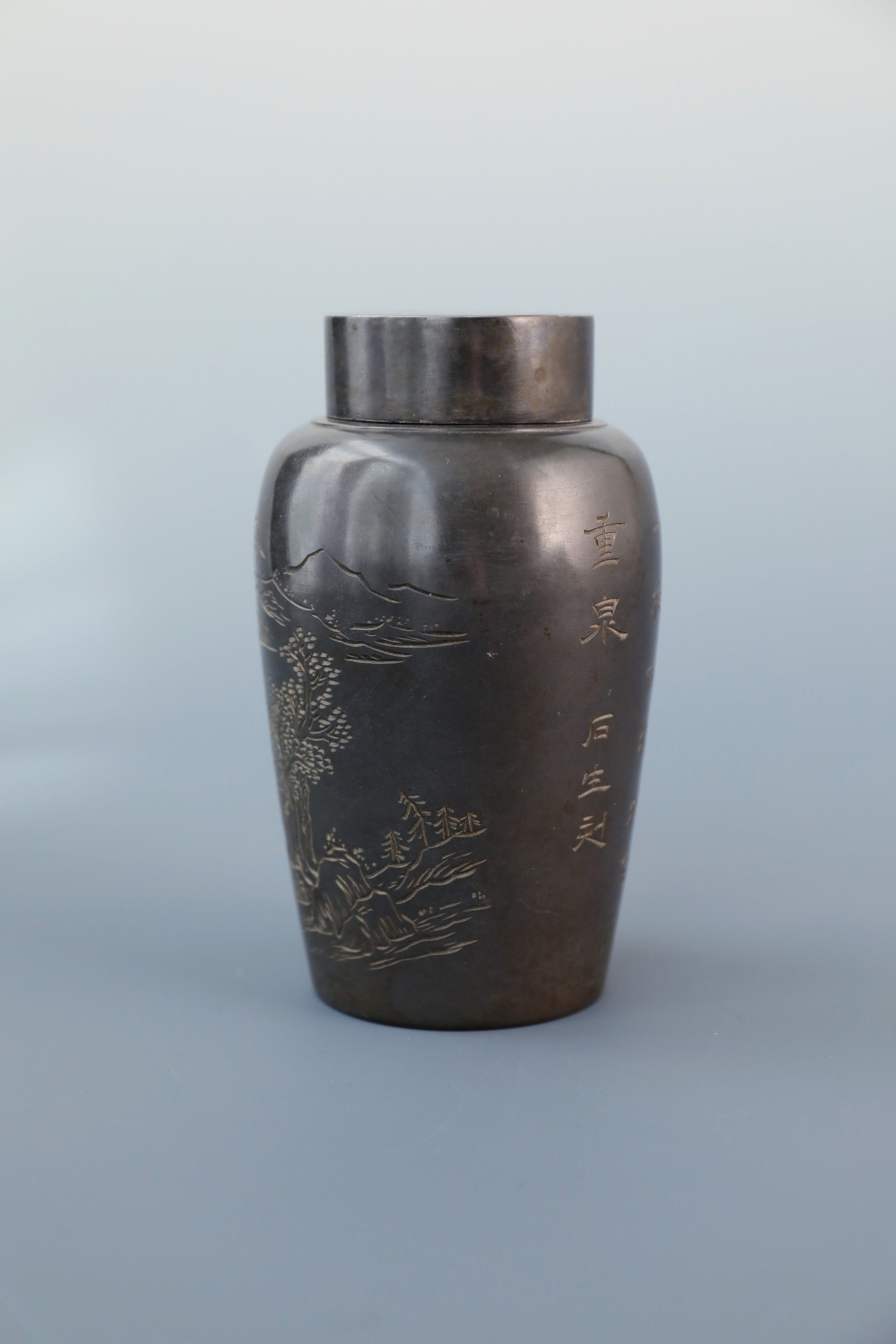 Towering Trees Amidst Thousands of Valleys—Meiji-era Ishino Chased Landscape and Poetry Small Tea Canister