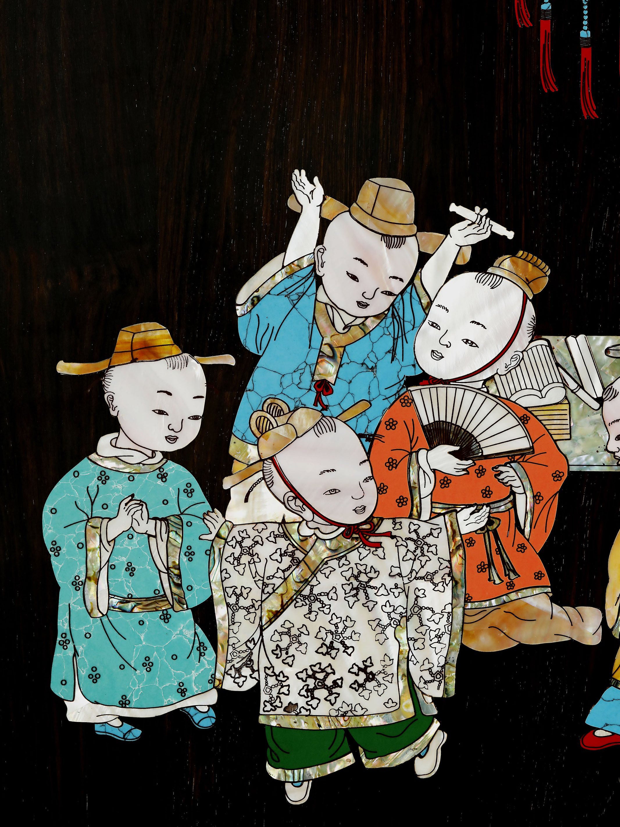 Purple sandalwood inlaid mother-of-pearl hanging screen depicting five sons passing the imperial examination