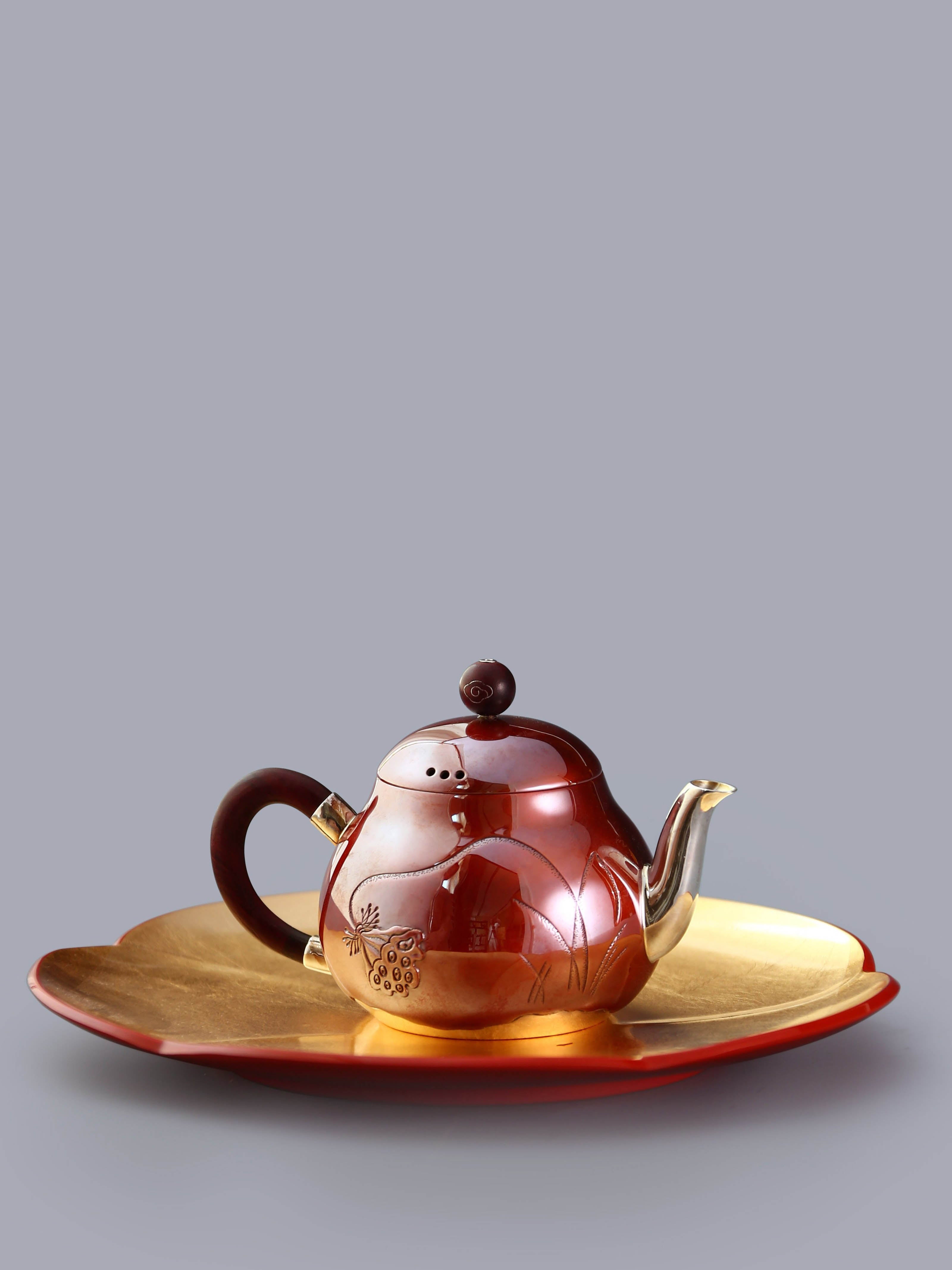 Summer Lotus Copper-Wrapped Silver Teapot with Tray