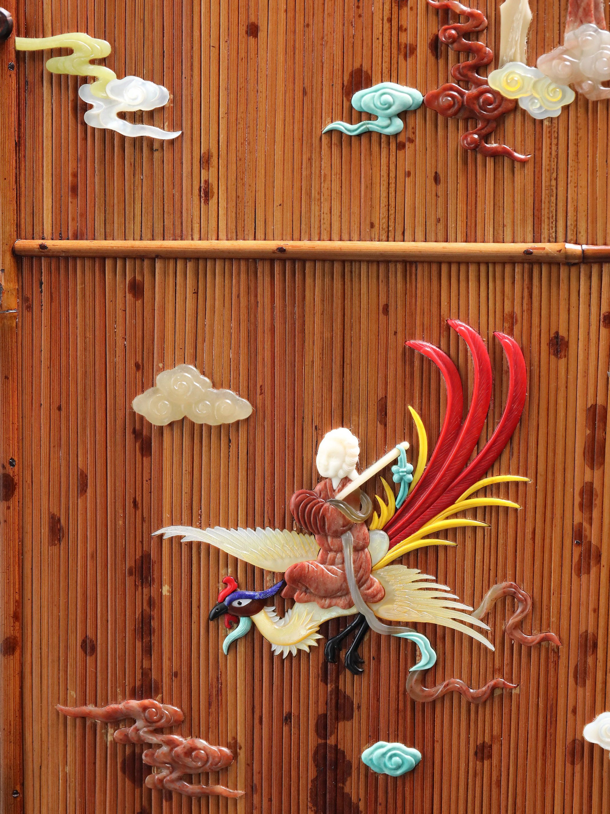 Xiangfei Bamboo Inlaid with Immortal Riding a Phoenix Tea Cabinet