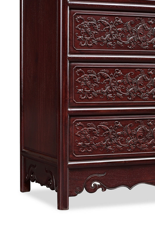 Zambian rosewood passionflower five-drawer chest