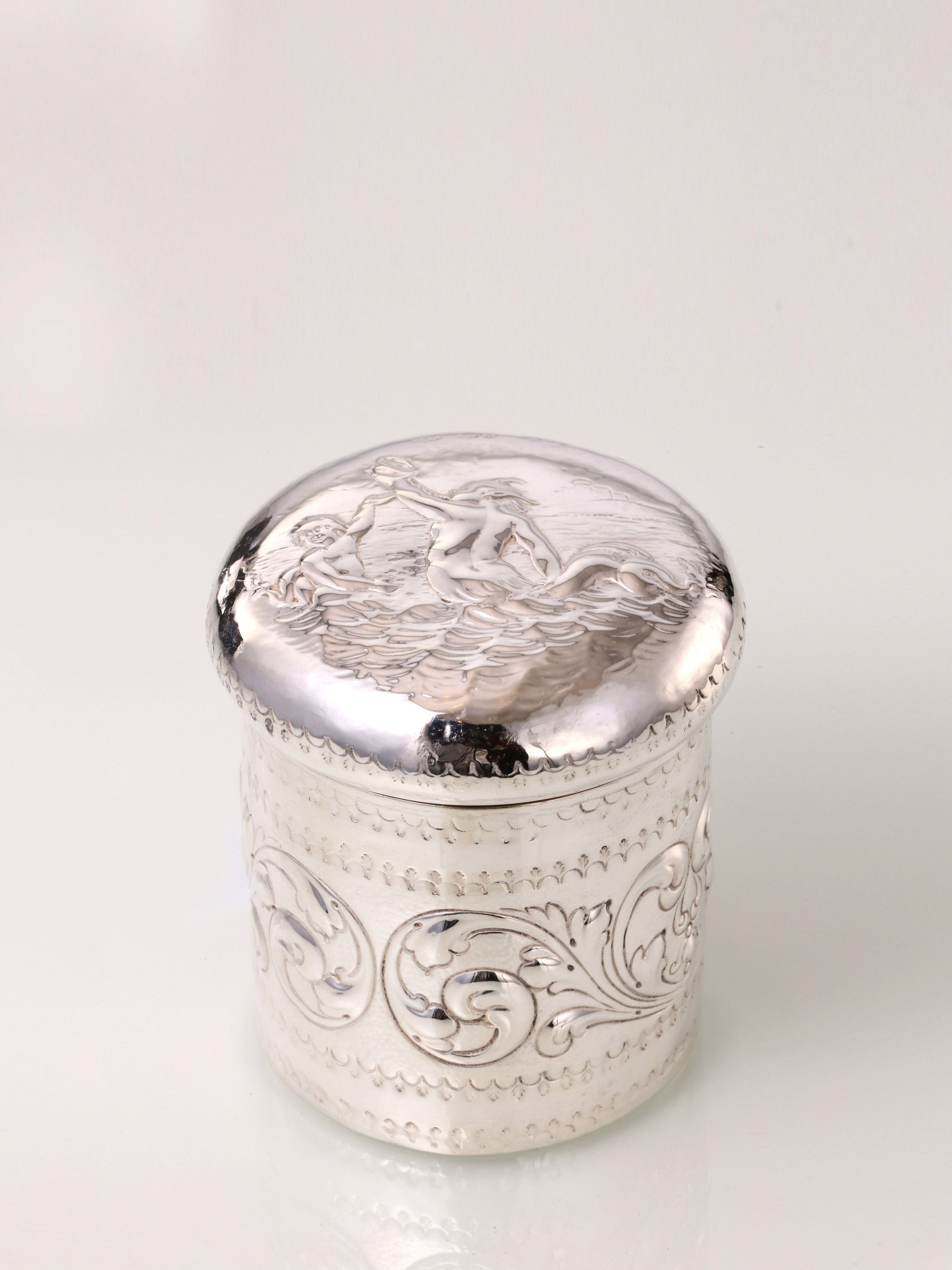 1884 British sterling silver tea caddy with relief floral and figure design