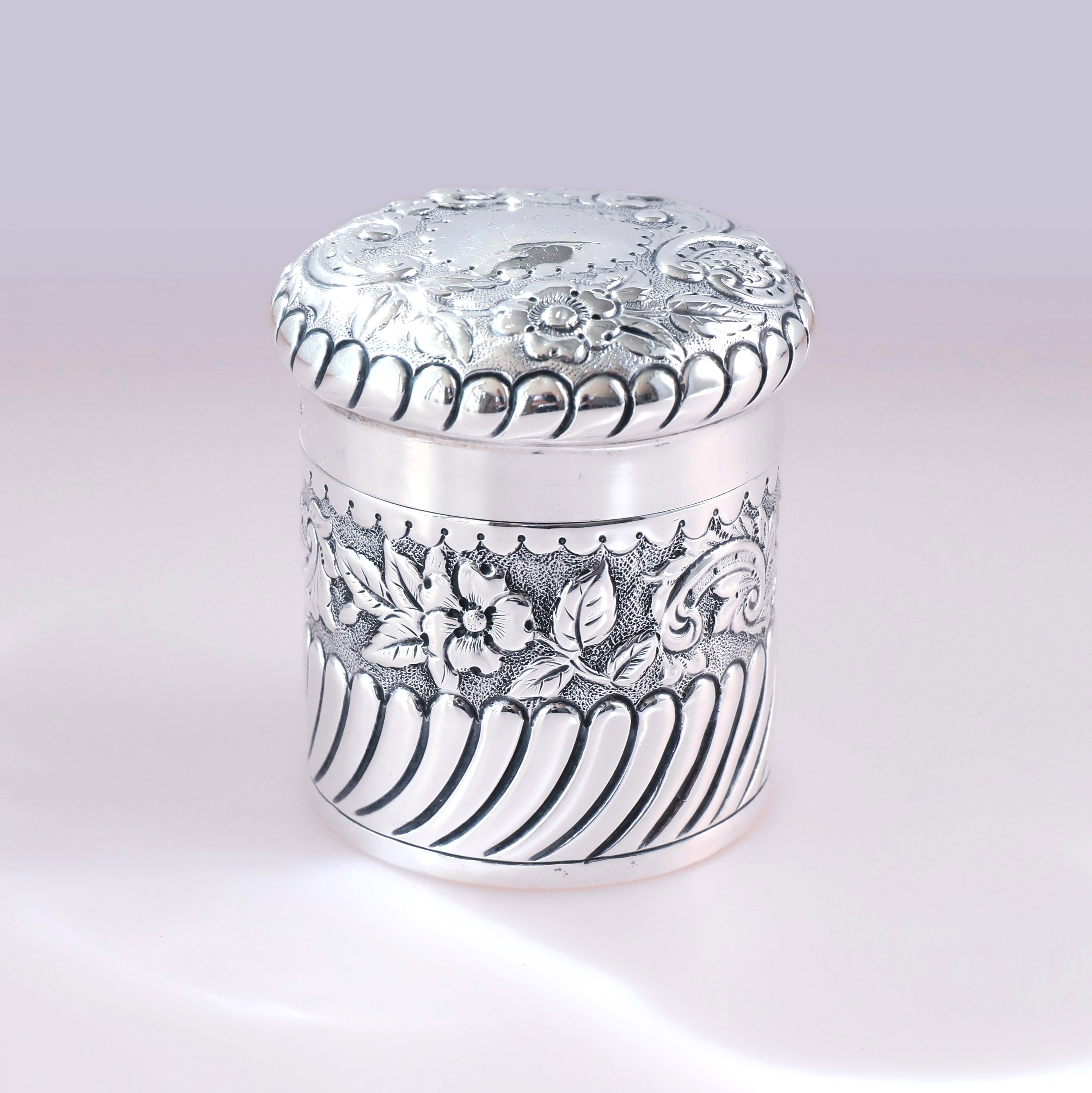 1898 British Sterling Silver Tea Canister with Scrolling Floral Design