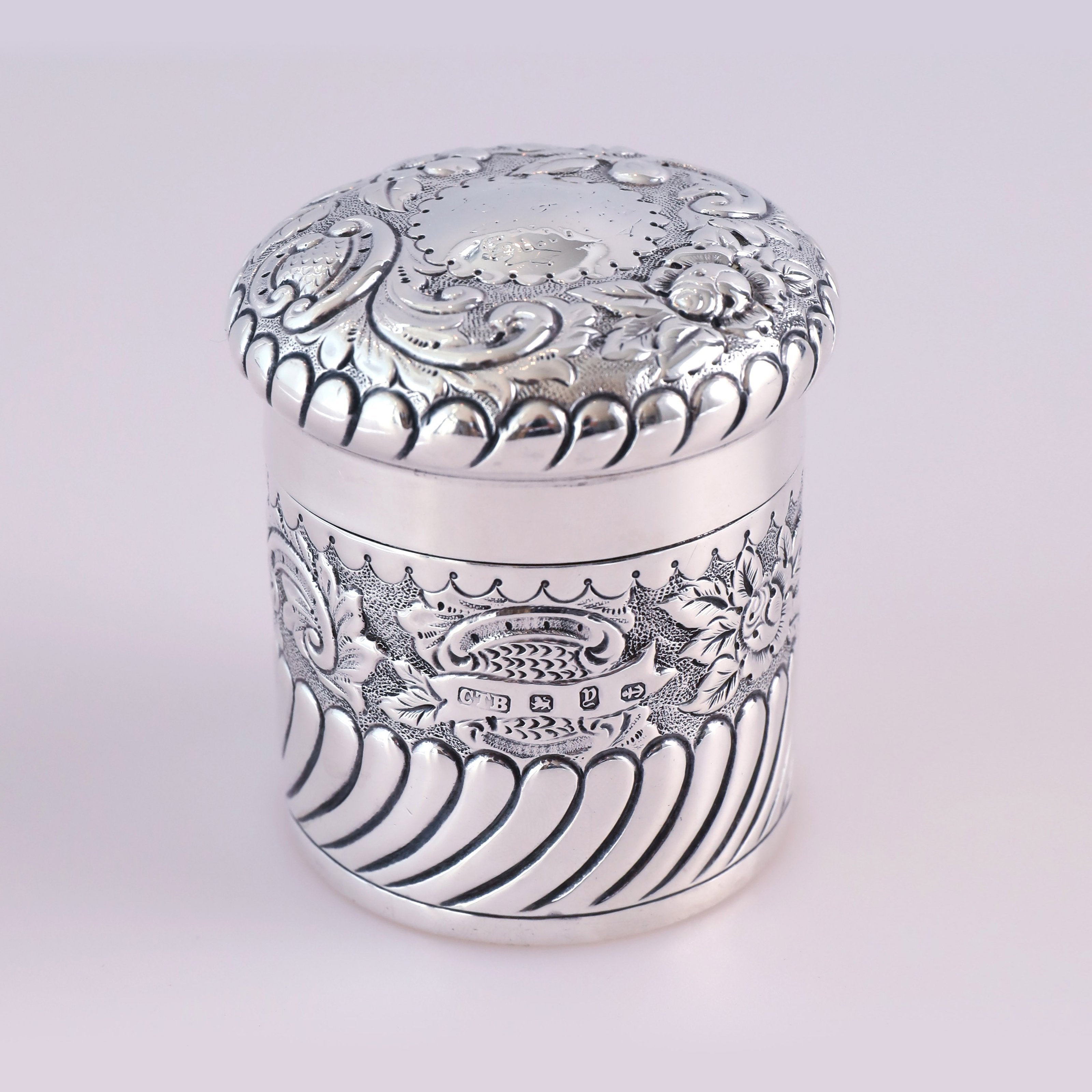 1898 British Sterling Silver Tea Canister with Scrolling Floral Design