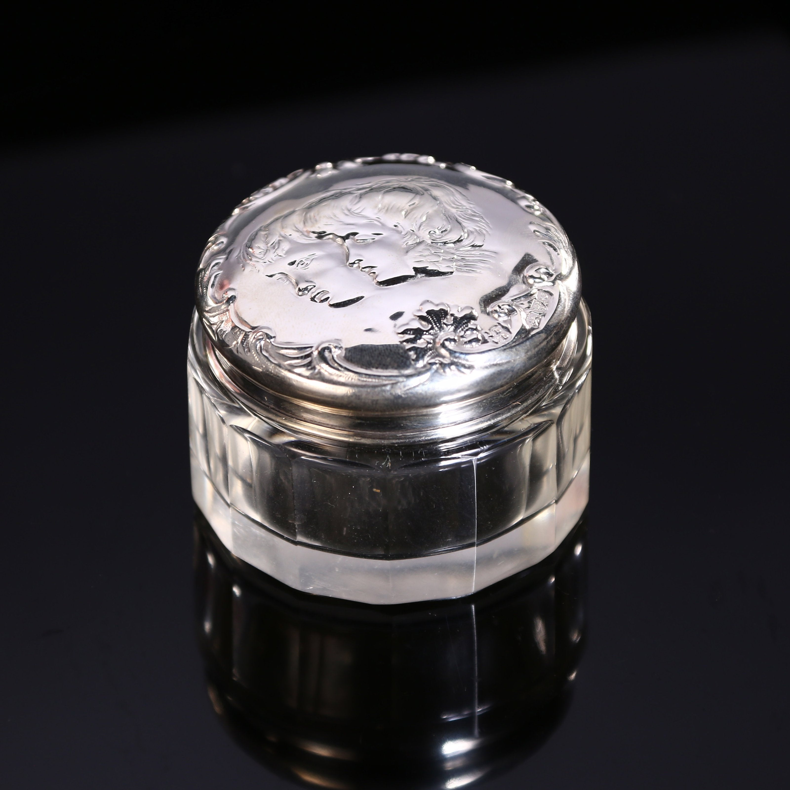 1903 British Angel Sterling Silver Cap Crystal Bottle