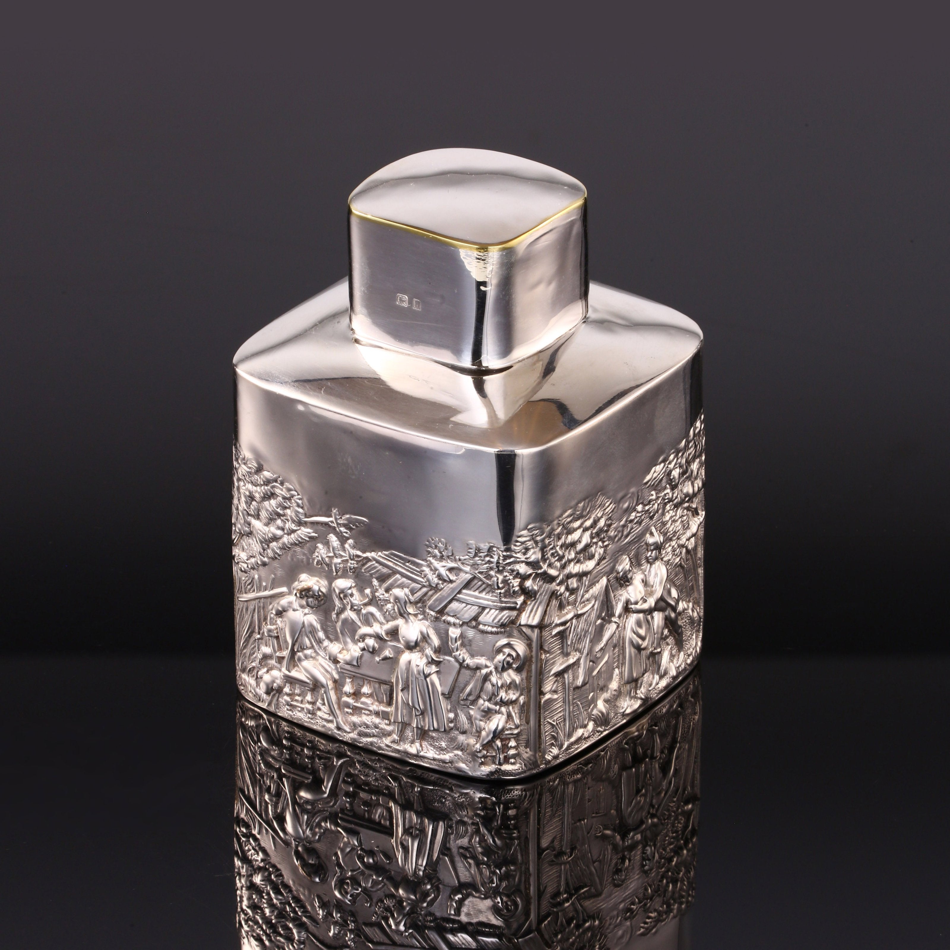 1907 British sterling silver relief pastoral scene tea canister