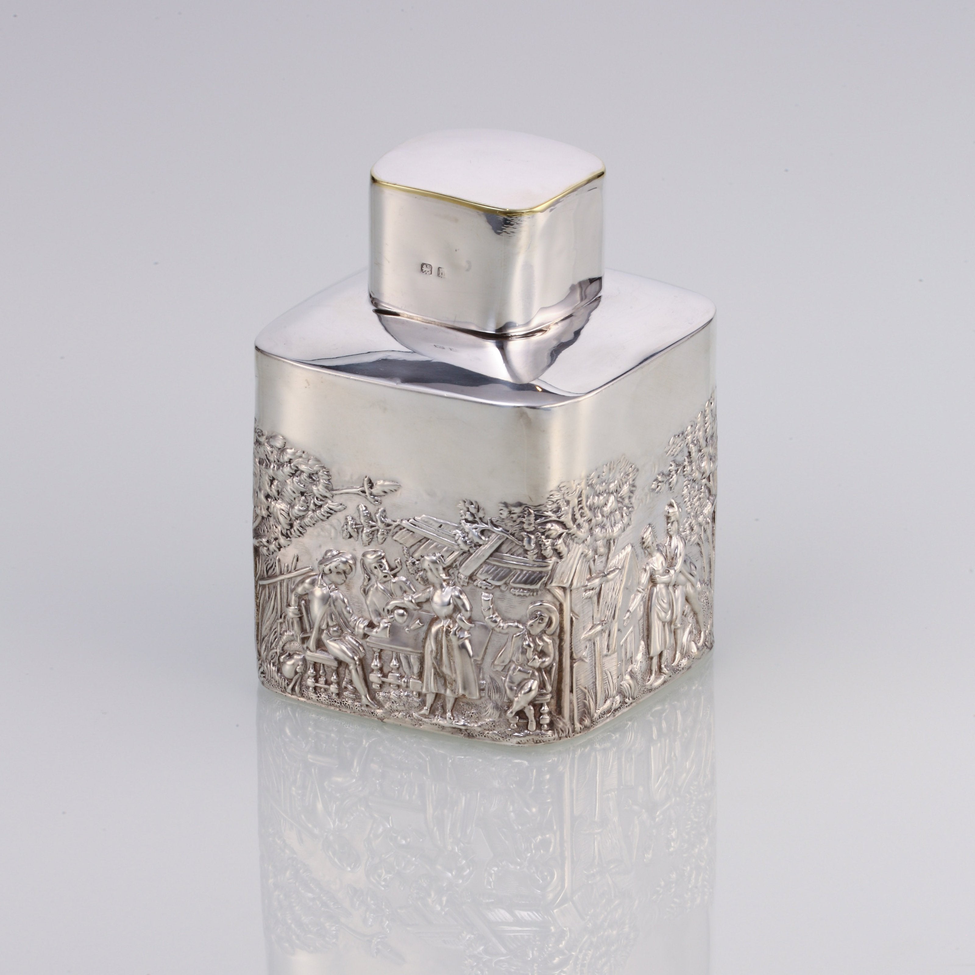1907 British sterling silver relief pastoral scene tea canister