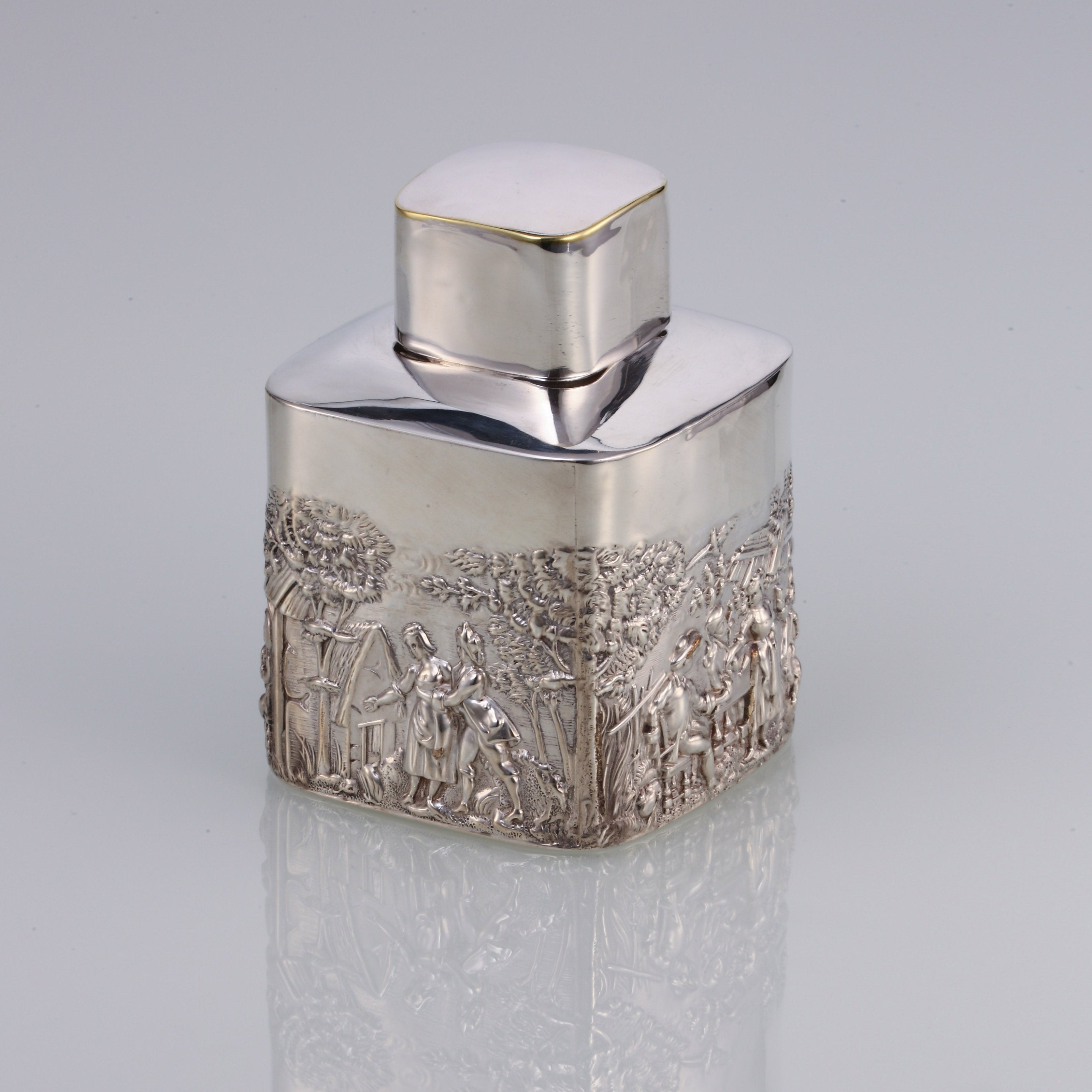 1907 British sterling silver relief pastoral scene tea canister