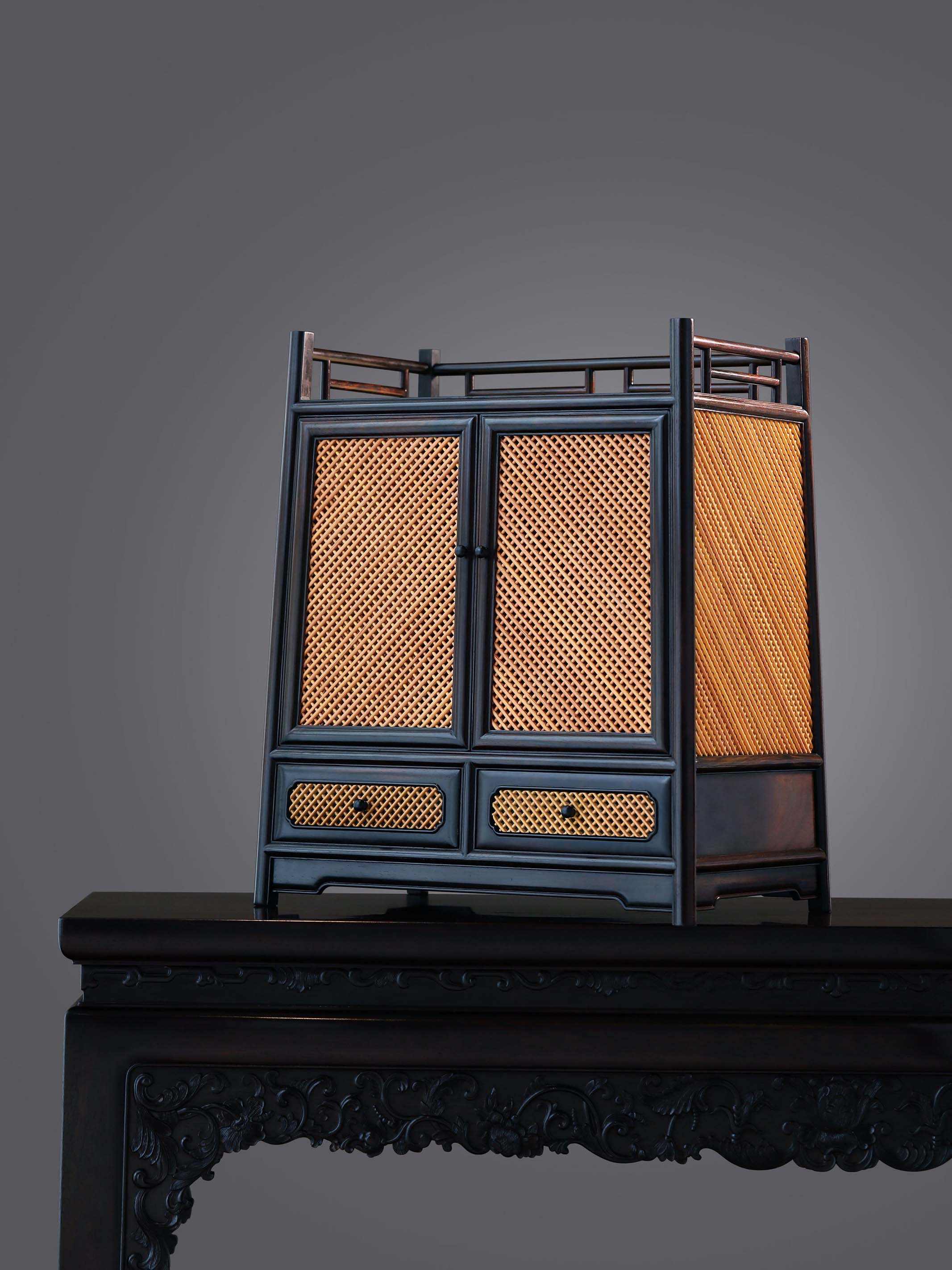 Rosewood inlaid with boxwood and marble bamboo tea cabinet